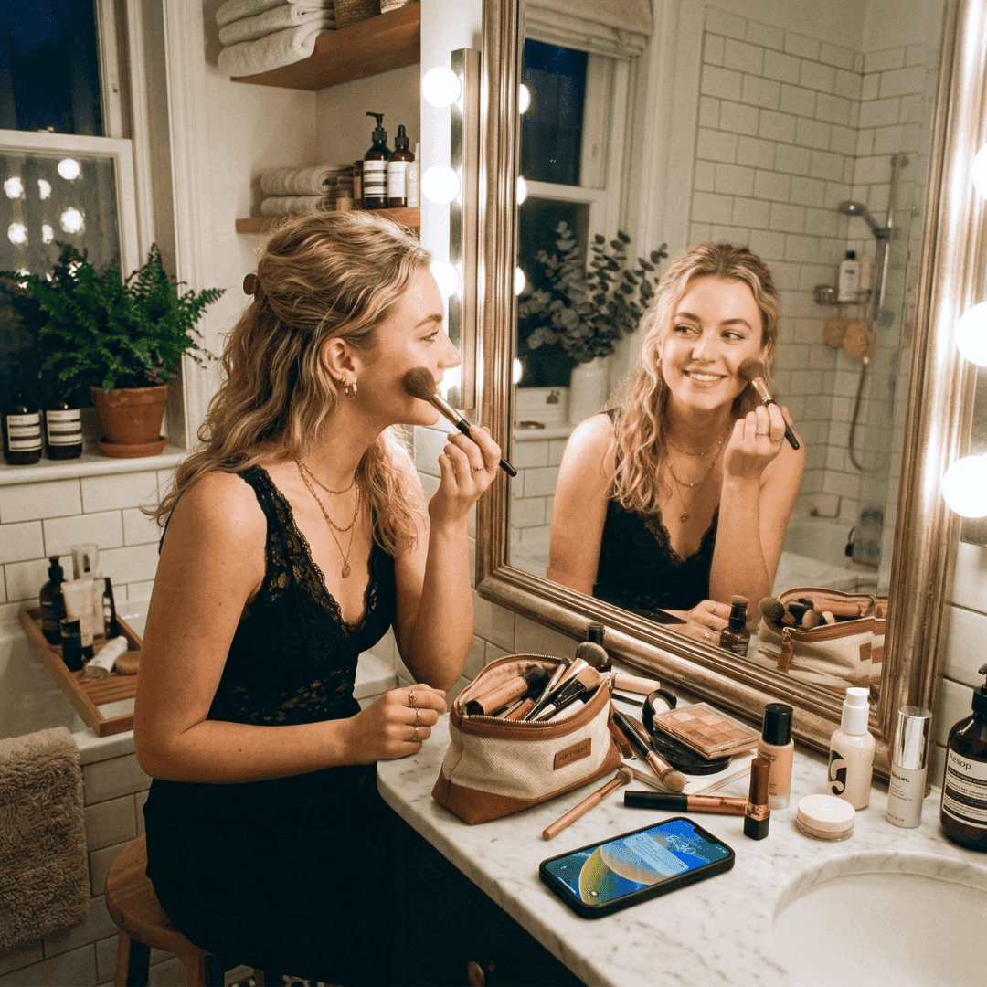 Person applying makeup in front of a mirror with a phone nearby, shopping for beauty products