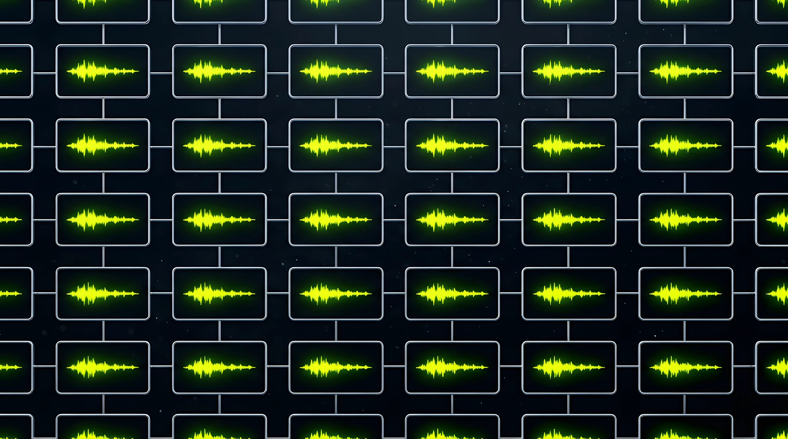 Bioluminescent Noir composition of a structured grid of glowing waveform cards on deep void black, toxic lime accents marking labeled audio assets, evoking a documented sound system.