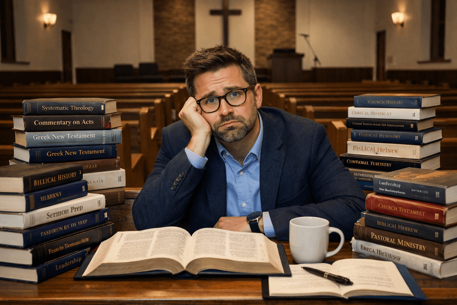 Overwhelmed pastor sitting alone in an empty church sanctuary surrounded by stacks of theology books and an open Bible, looking thoughtful and exhausted while studying at a table.