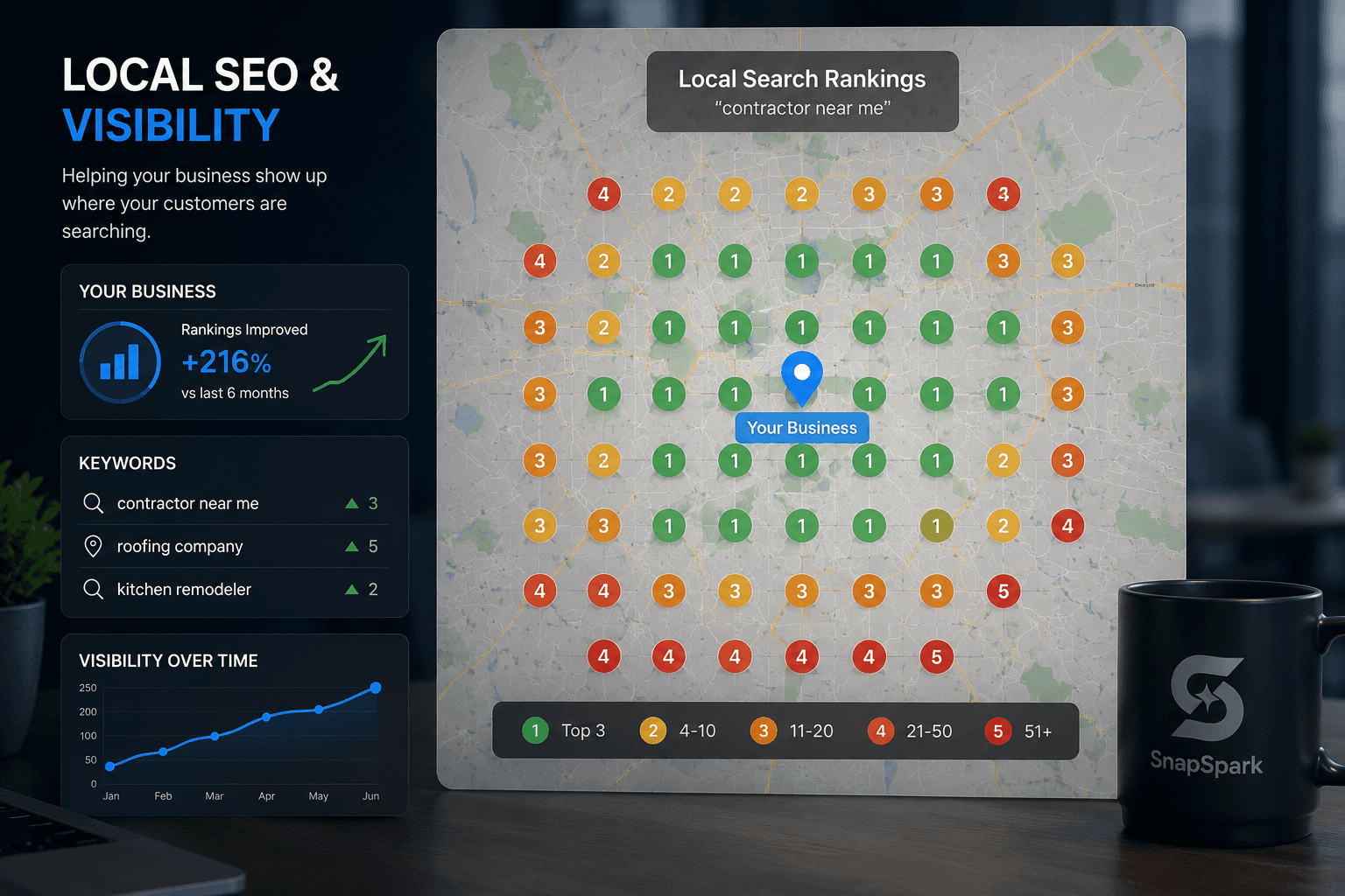 Local SEO ranking map showing business visibility and search rankings across multiple service areas and geographic locations