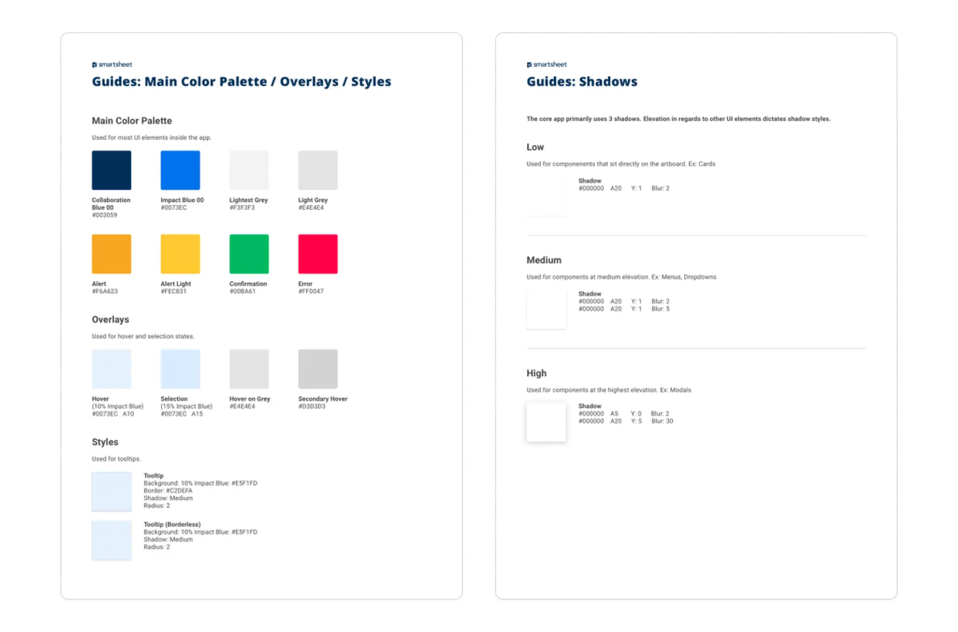 Guides displaying color palette and shadow styles