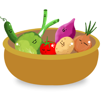 A cartoon illustration of a brown bowl filled with various vegetables, each with a cute facial expression. Includes cucumber, cabbage, tomato, pota...