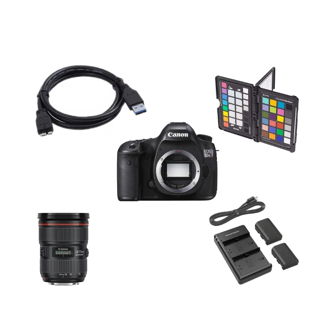 Image containing all the equipment present in the Digital I Pack : a Canon 5D S R 50M°px, a Canon 24-70 f/2.8 L USM II, or a Synchro Cable USB 3.0 TheterTools, a Double Charger + two LP-E6N batteries, a Colorchecker