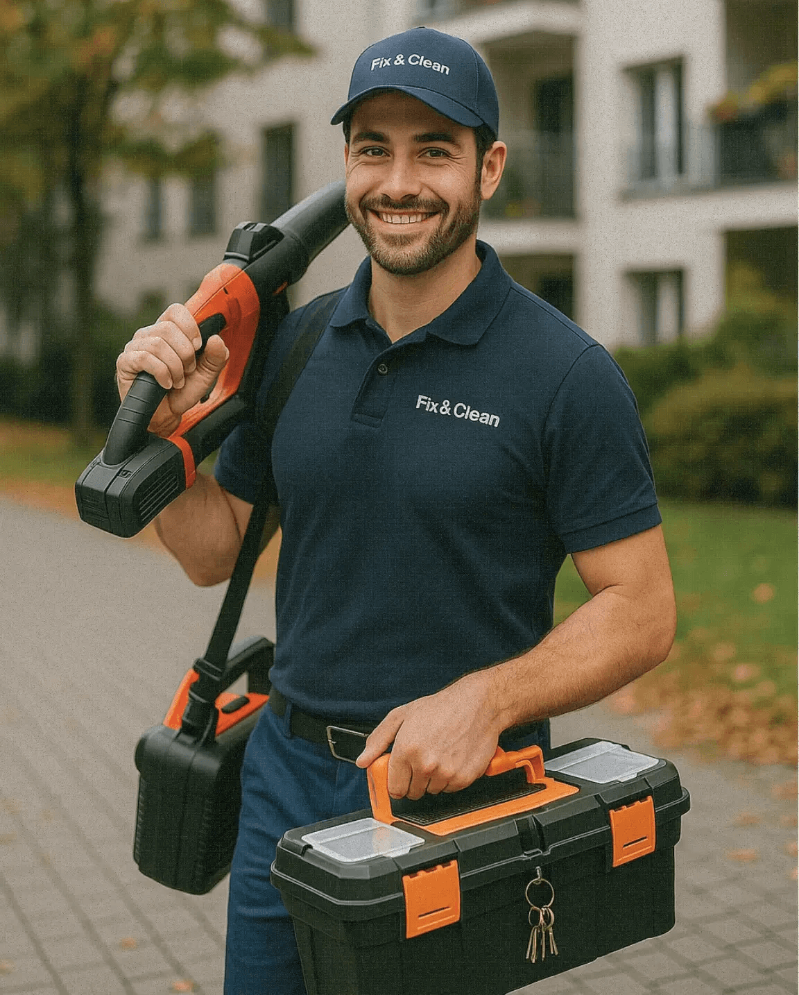 Hausmeister von Fix & Clean mit Laubbläser vor Wohnanlage – gepflegter Auftritt für Objektdienstleistungen
