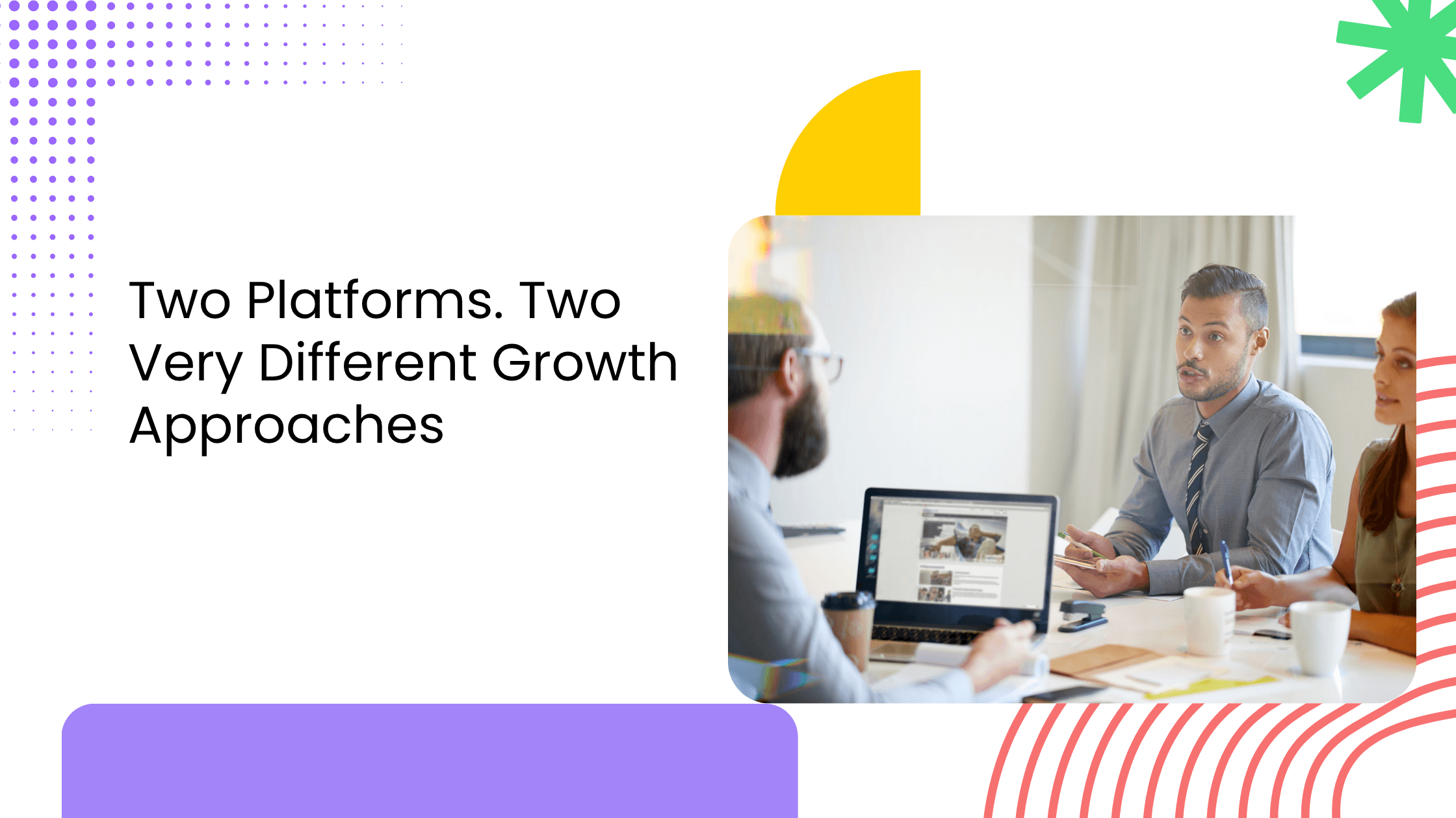 Three professionals collaborating at a desk in a creative about different coaching platform growth approaches.