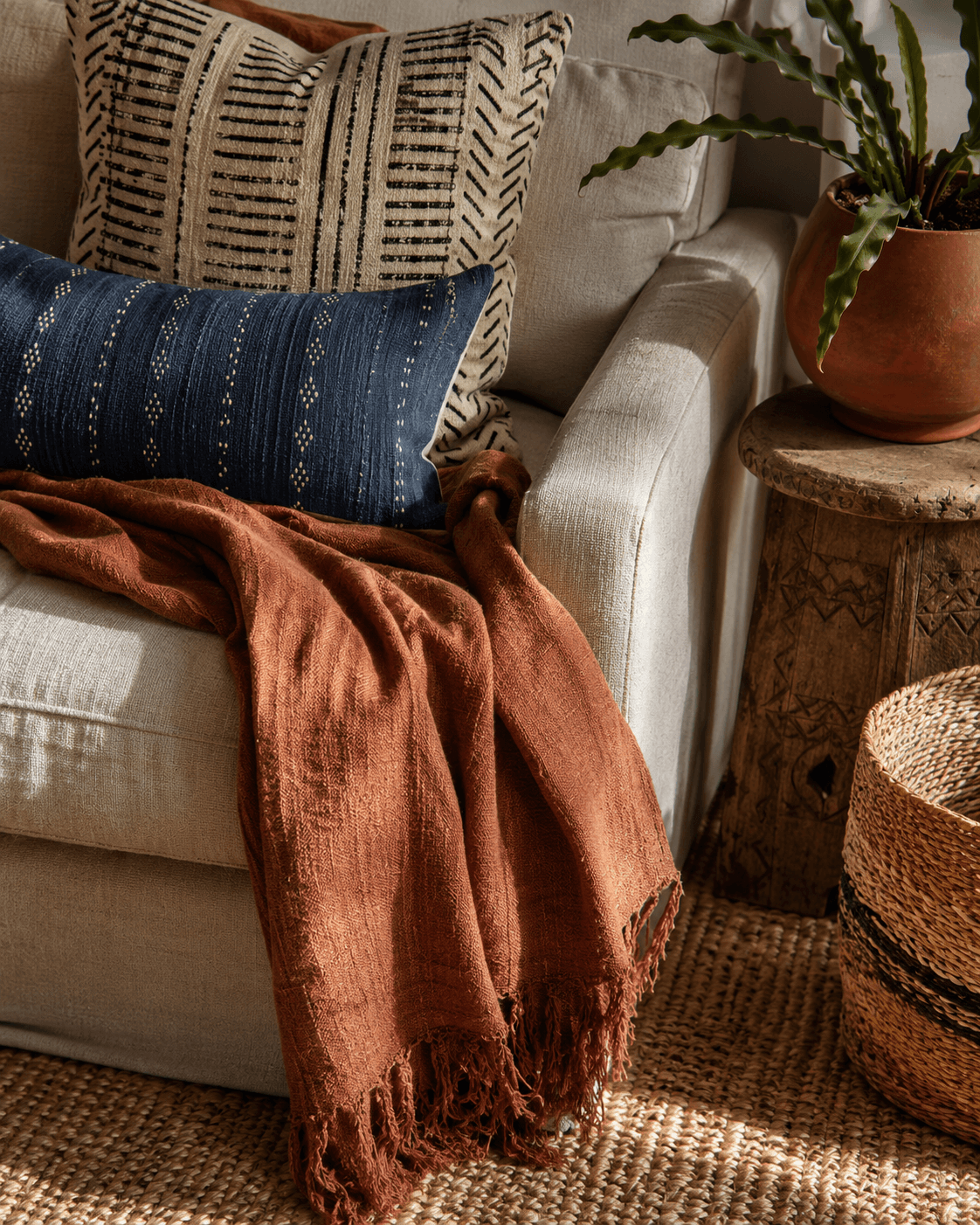 Sophisticated Afrohemian gallery wall featuring African textiles, woven baskets, framed travel photography, terracotta pottery, and a vintage wood console table in a warm, collected living room design.