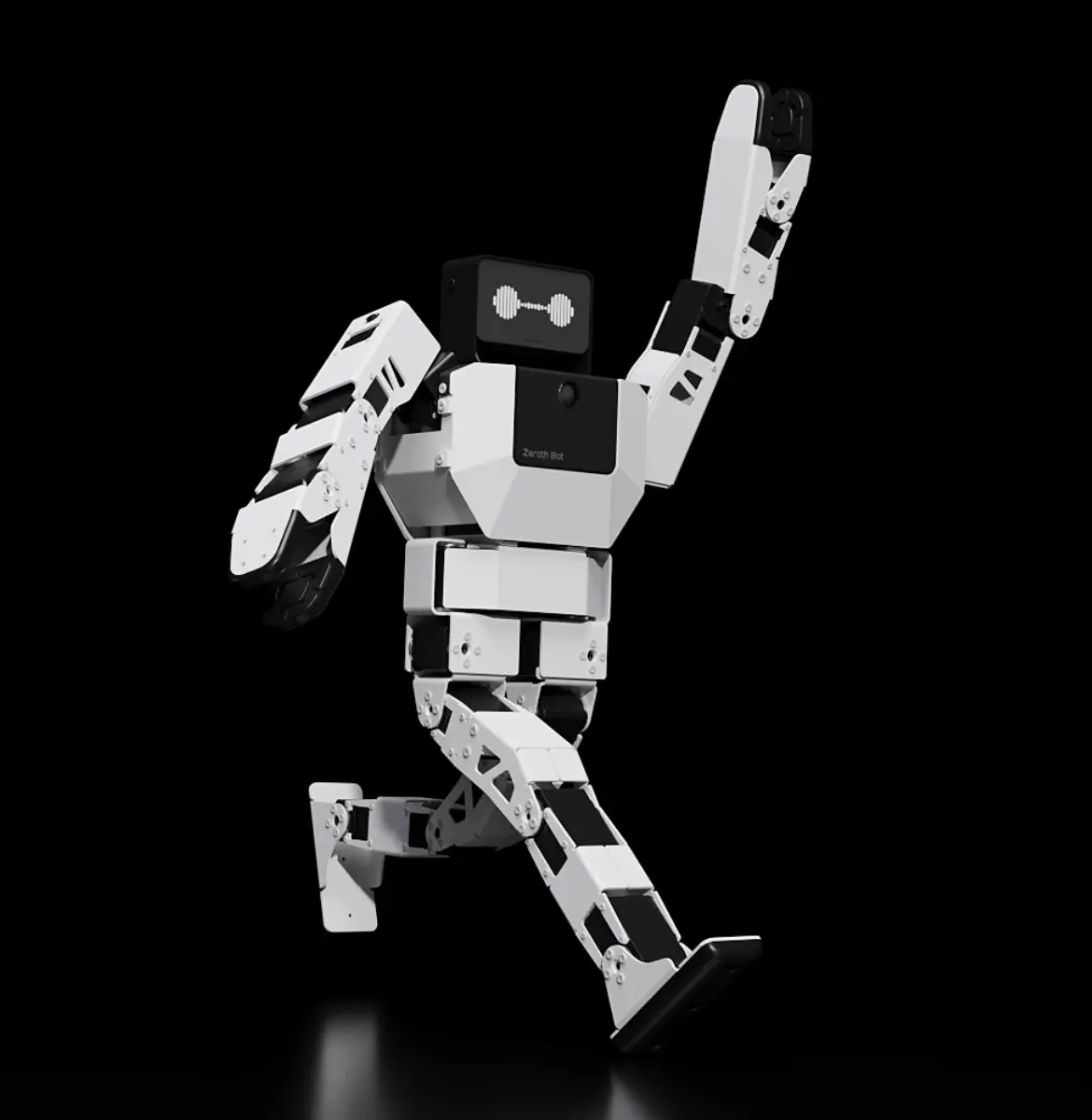 A humanoid robot with a sleek black and white design is dynamically posed on one leg, set against a stark black background, showcasing advanced robotics technology.