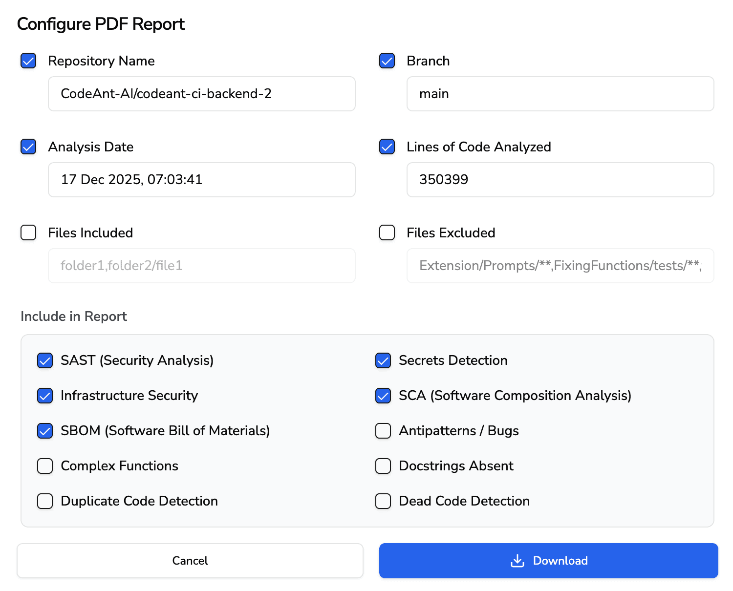 Configure PDF security report screen showing repository details, branch, analysis metadata, and selectable code security checks.
