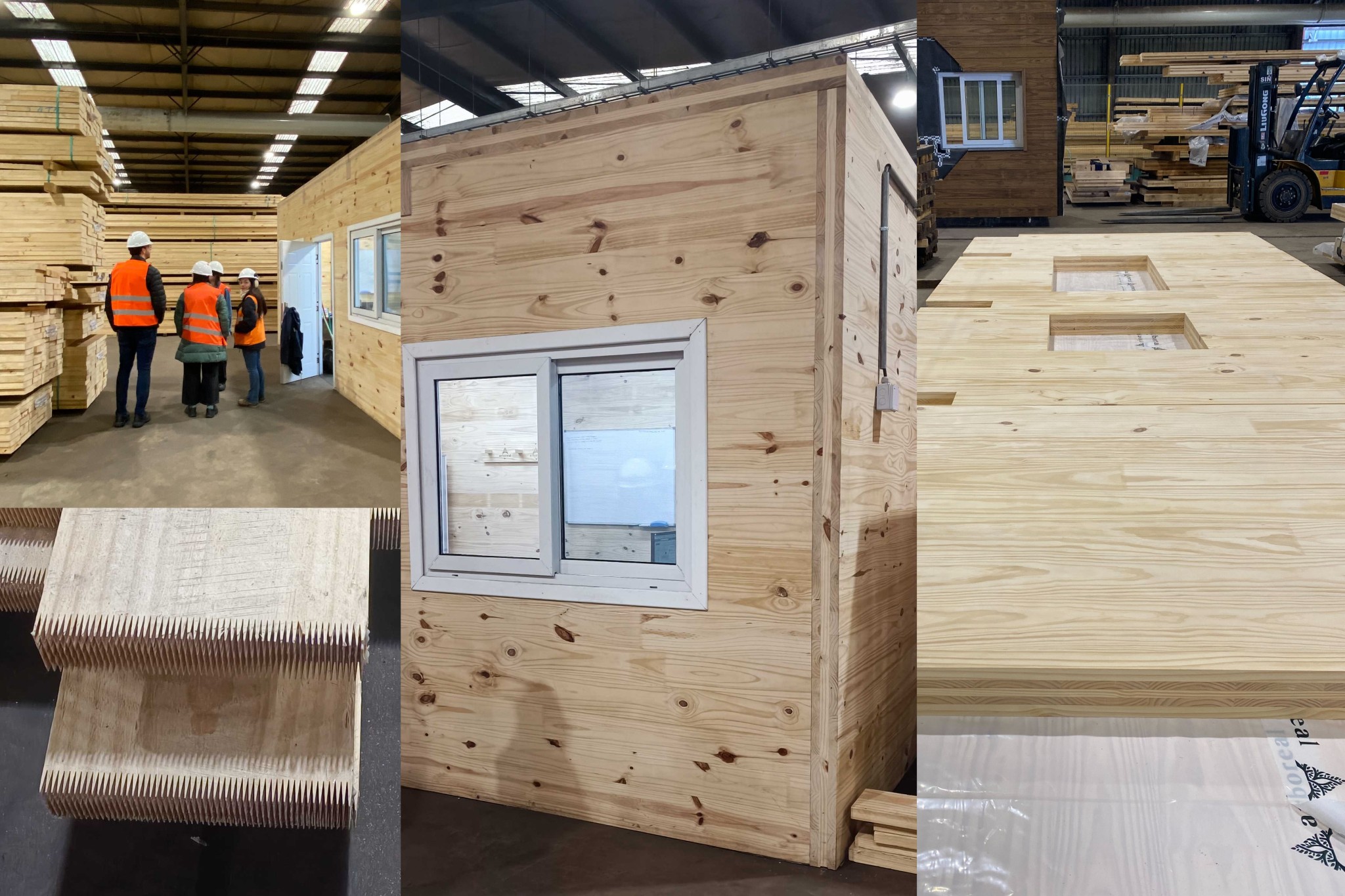 Cross laminated timber (CLT) panels in a fabrication facility, showing wood components, CNC-cut joints, and a prefabricated timber module with window opening