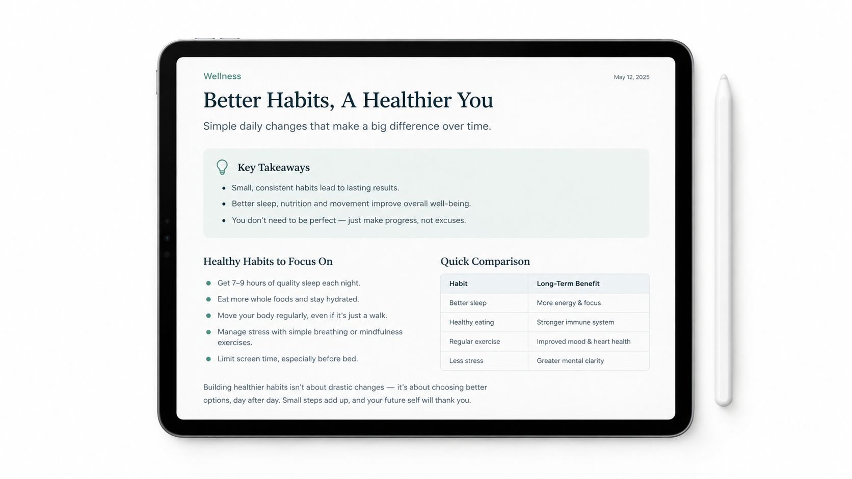 A digital tablet displaying a wellness guide on building healthy habits, featuring tips and a comparison table.