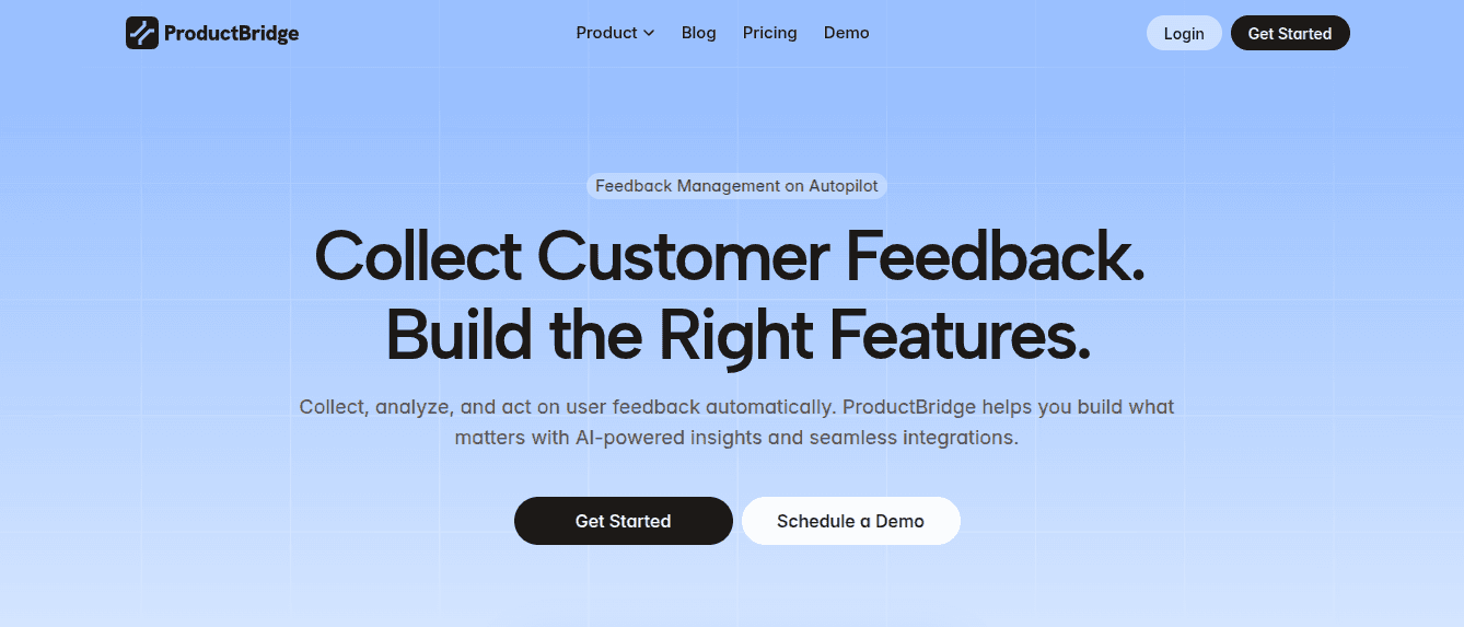 ProductBridge homepage showing its AI customer feedback and roadmap platform