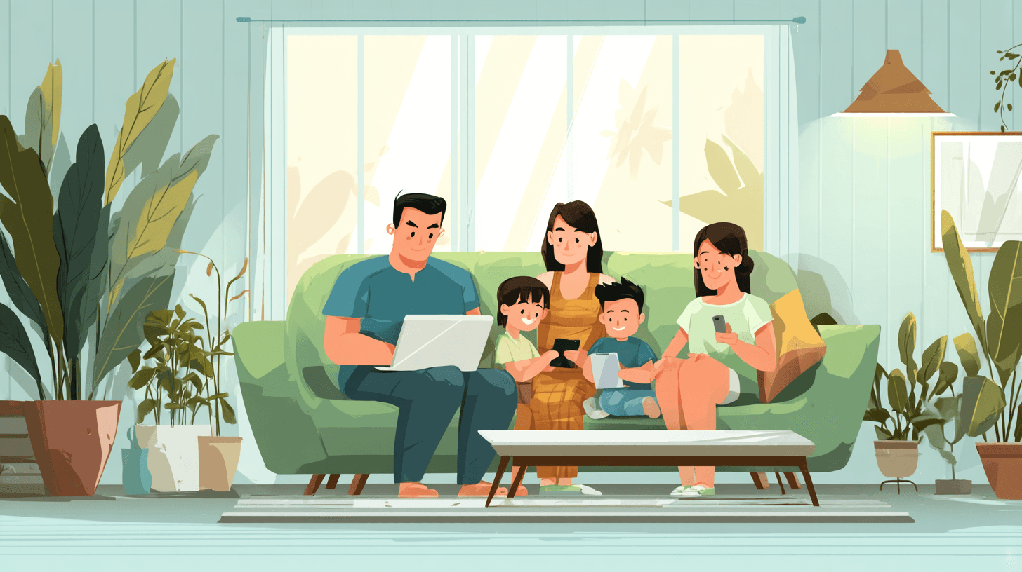 거실 소파에 앉은 가족 5명이 각각 노트북, 태블릿, 스마트폰 등 서로 다른 기기로 동시에 인터넷을 사용하고 있는 일러스트 이미지입니다.