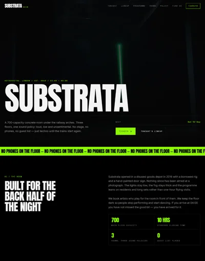 Nightclub website template preview with lineup listing and door policy