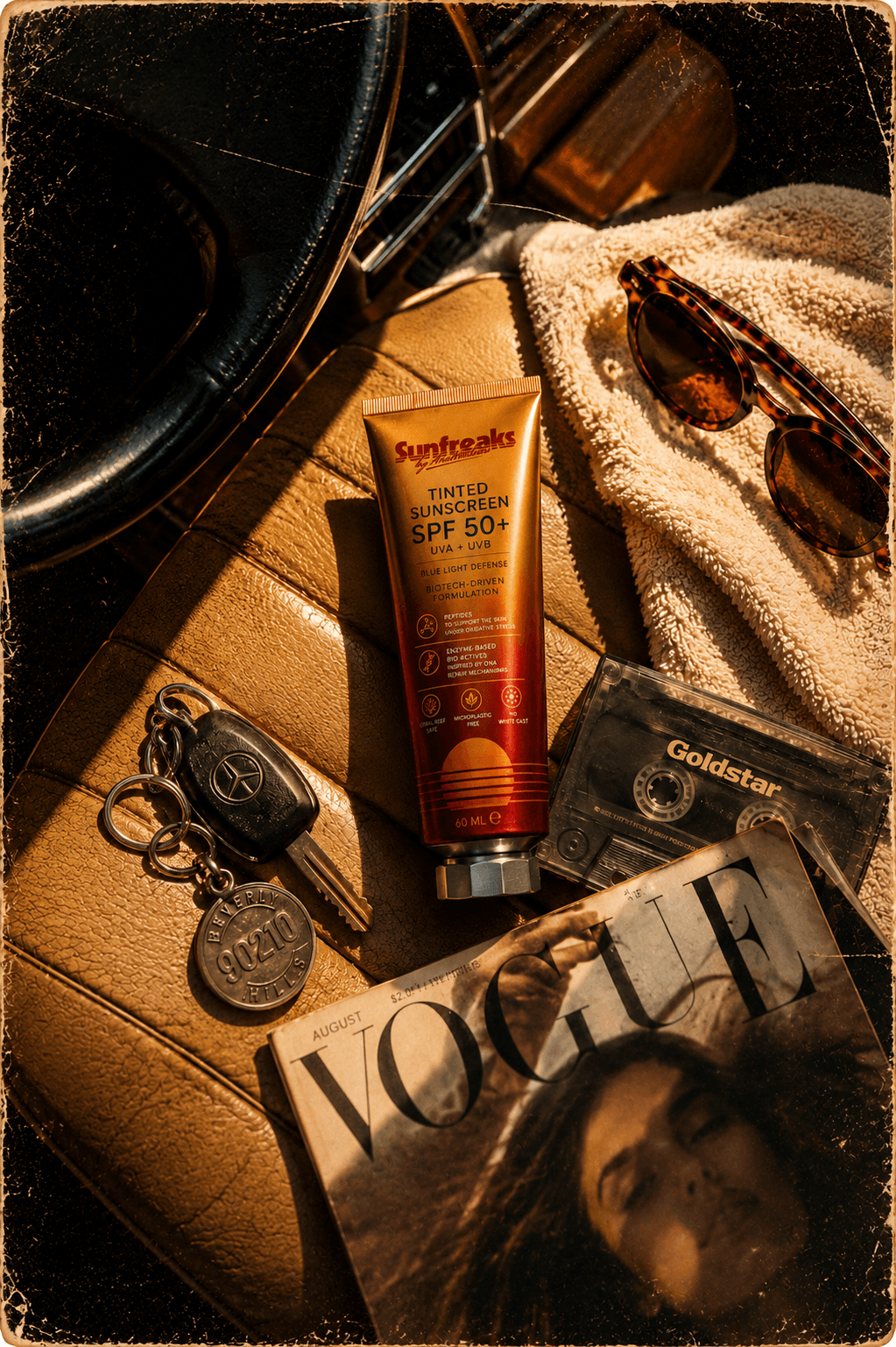 Flatlay of the Sunfreaks Tinted Sunscreen SPF 50+ tube in warm amber and gold packaging, surrounded by tortoiseshell sunglasses, a Goldstar cassette tape, a Beverly Hills 90210 keychain, Mercedes car keys, and a Vogue magazine on a golden tiled surface.
