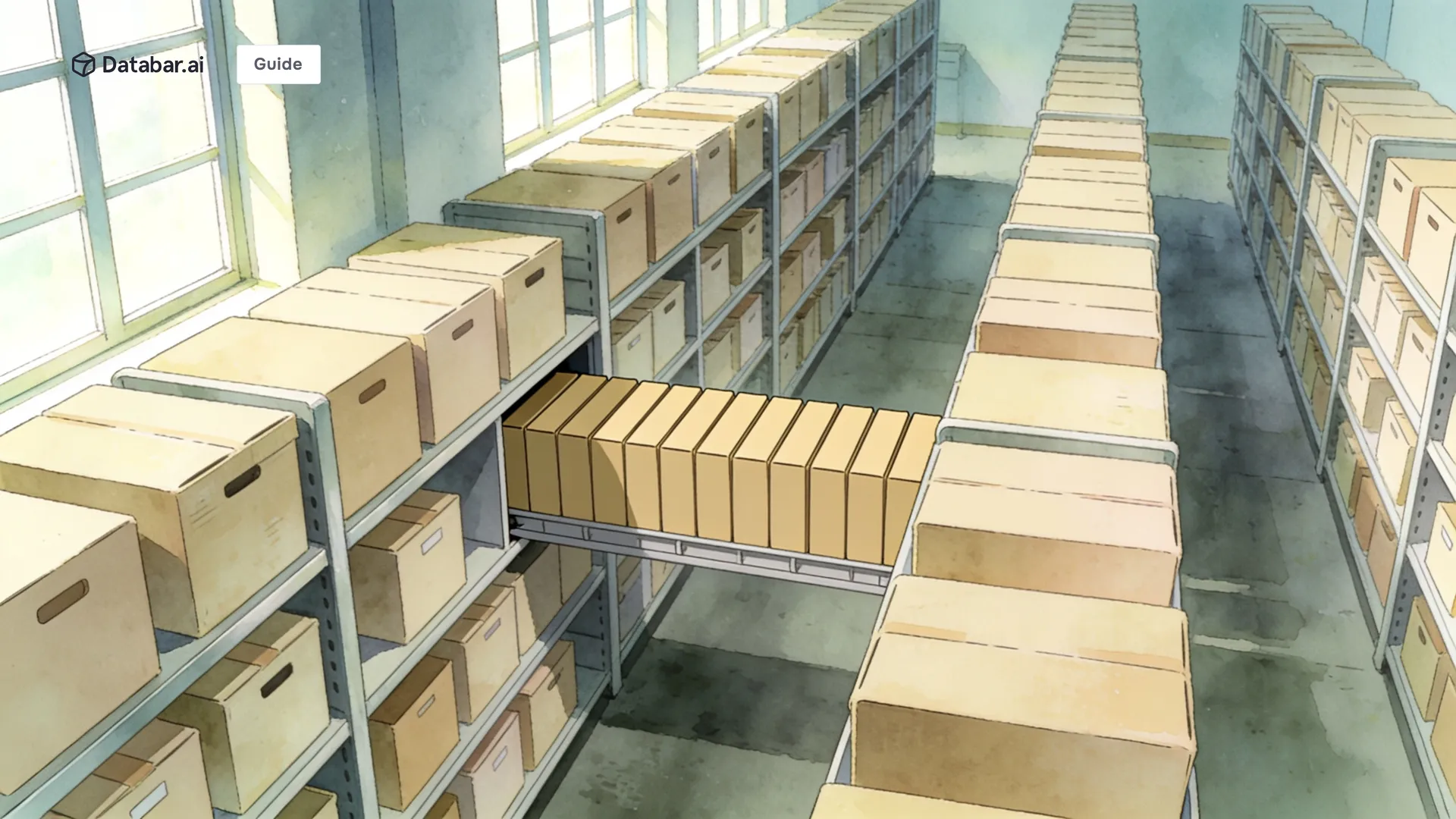 CRM data quality, illustrated as a long archive hall of shelved boxes with one row pulled out and set straight while the rest sit unevenly
