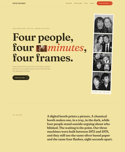 Photo booth hire website built with AI showing a big serif headline with an inline photo, a tomato red Check your date button and a vertical four frame photo strip
