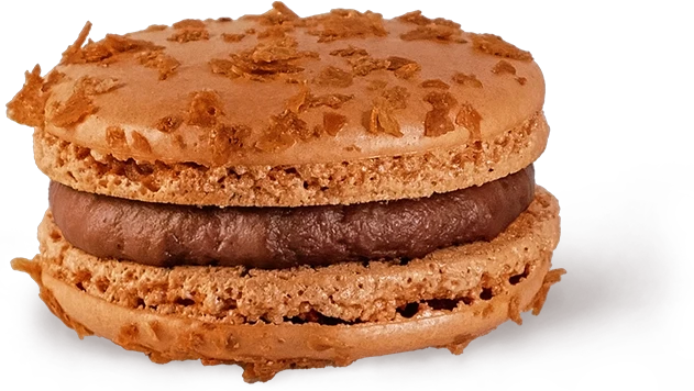 Mémoire Maltée macaron, with couveture milk chocolate ganache, malt and crunchy feuilletine flakes.