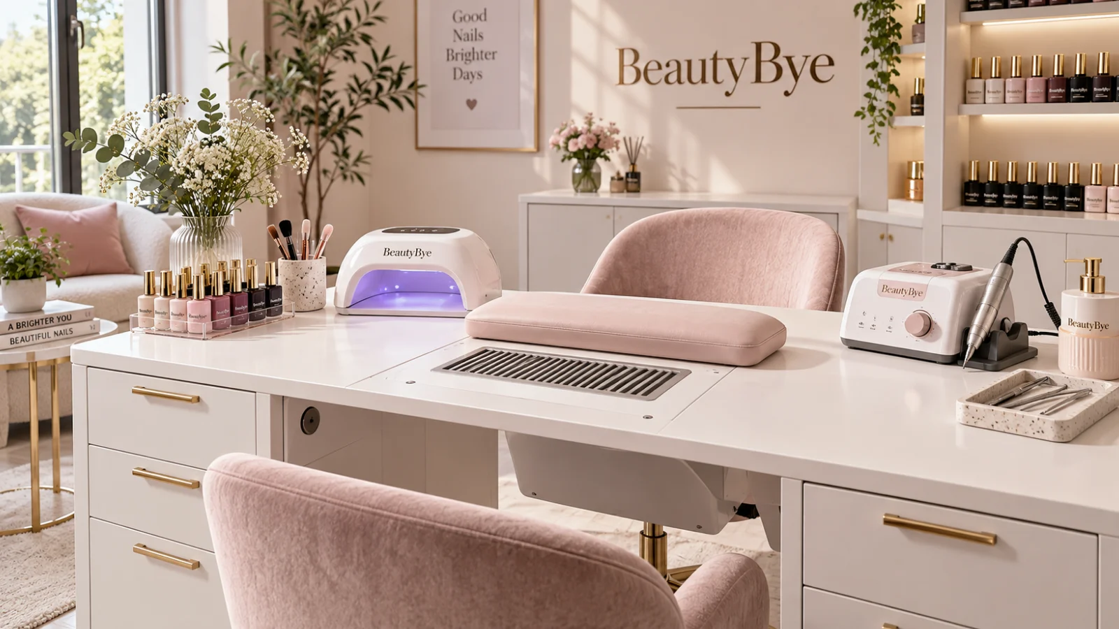 BeautyBye professional manicure desk with a nail lamp, drill and organised gel polish