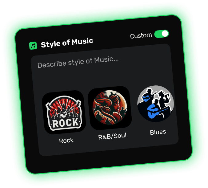 unora AI Music Generator app interface, showing options for customizing music style, including a "Custom" toggle and a choice between rock, R&B/Soul, and blues.