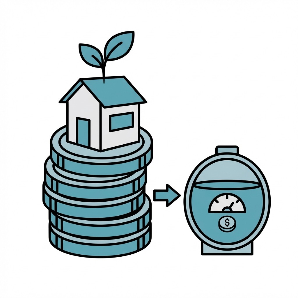 Ein Haus auf einem Münzstapel, daneben ein Pfeil, der auf einen Zähler mit Geldsymbol zeigt. Symbolisiert Wohn- und Energiekosten.