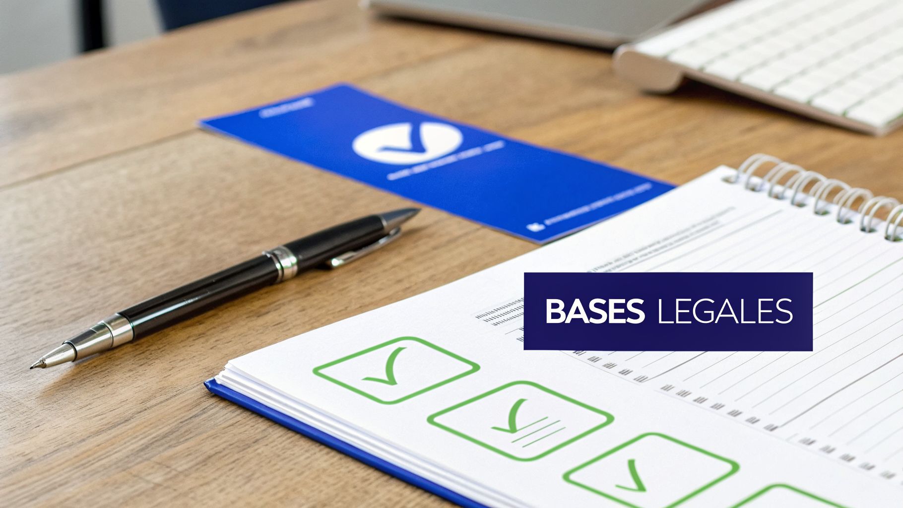 Une table en bois avec un stylo, une brochure bleue et un carnet affichant des bases légales et des cases à cocher.