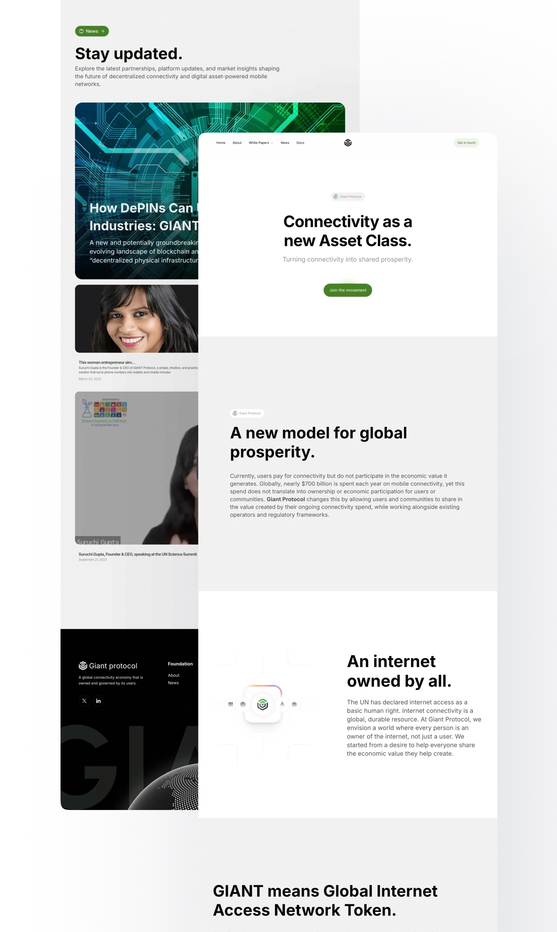 Giant Protocol news and home page layouts shown side by side