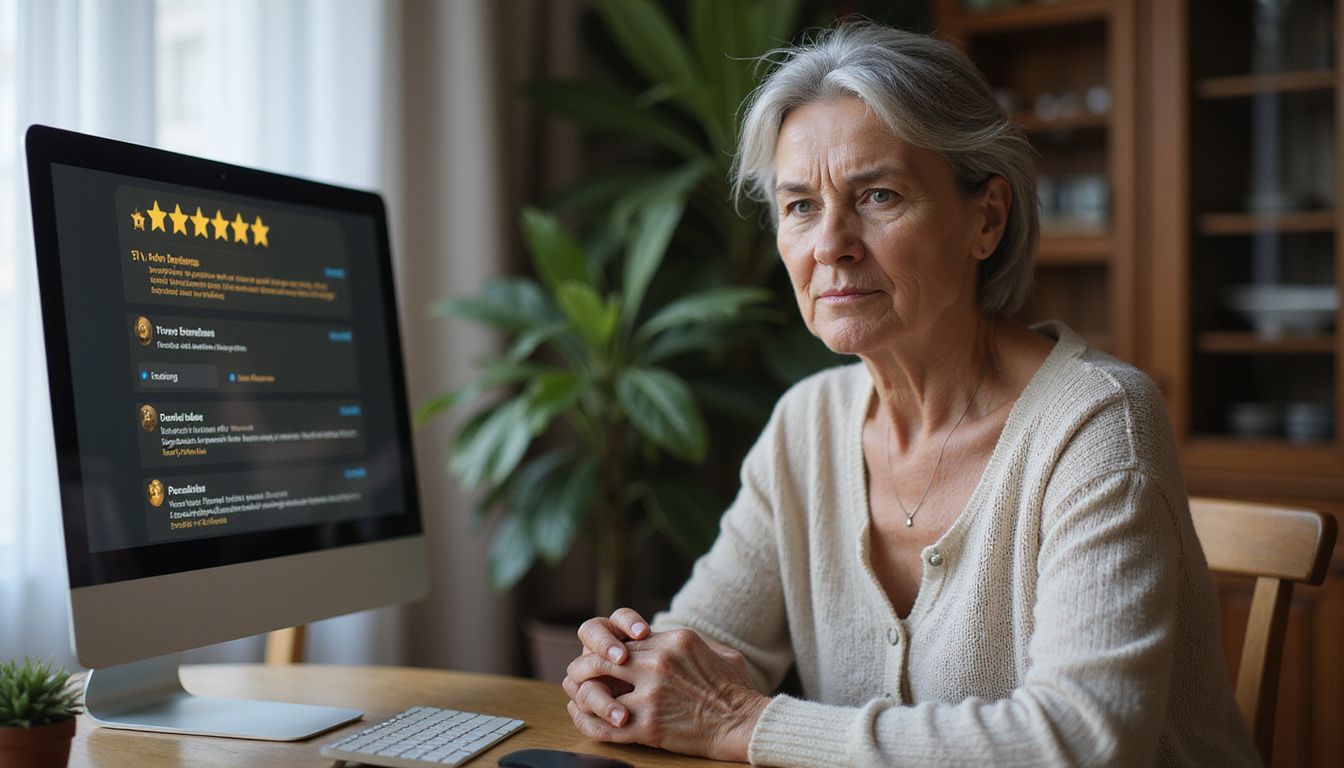 An elderly woman skeptically examines a computer displaying manipulated reviews.