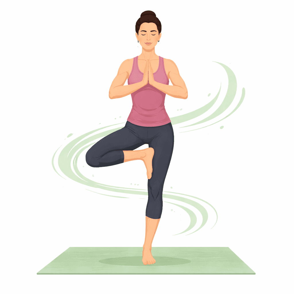 A woman practicing yoga in Tree Pose on a mat, with a serene expression and gentle swirling lines around her.
