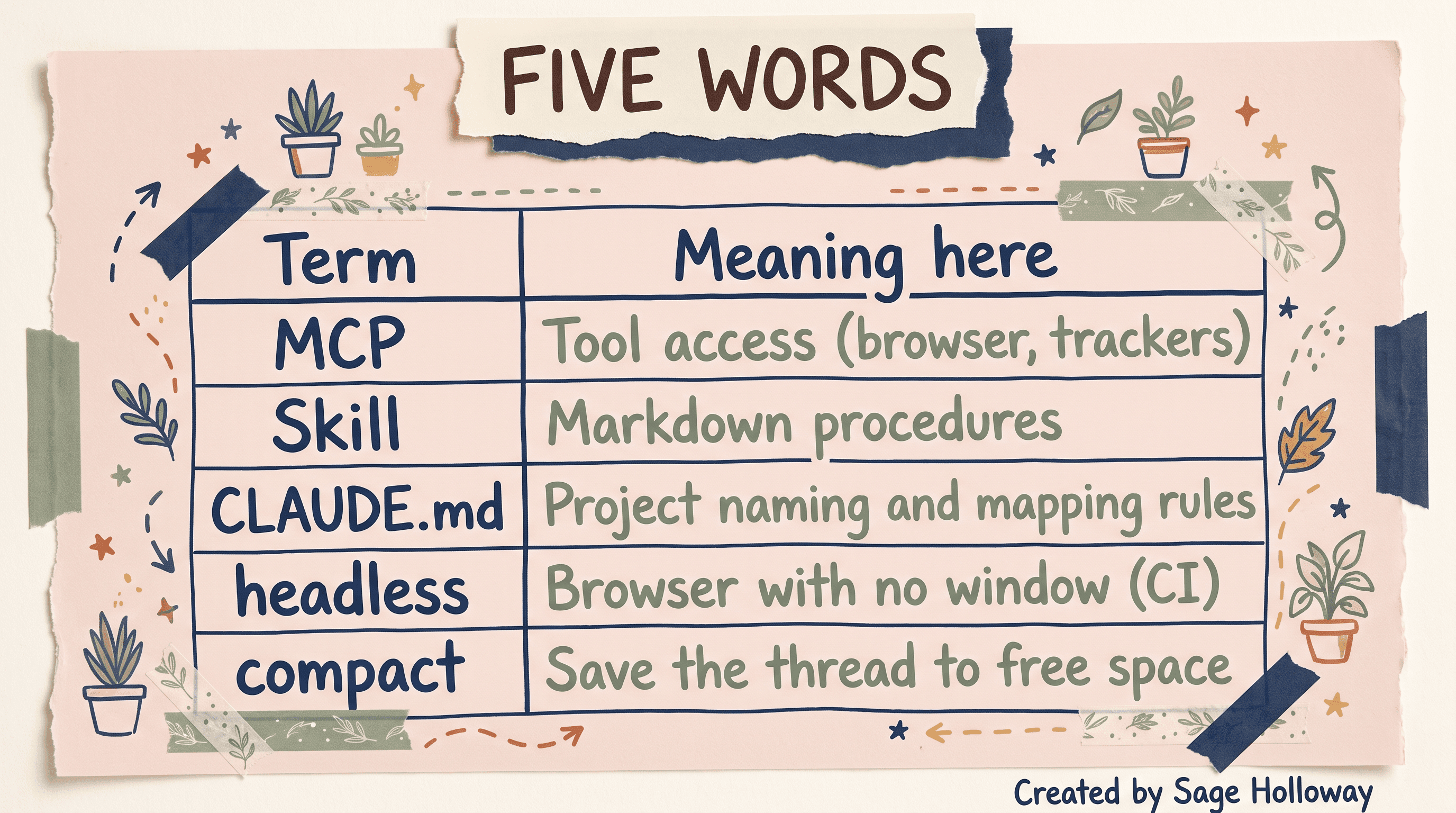 Glossary table of Claude Code QA terms: MCP, Skill, CLAUDE.md, headless, and compact