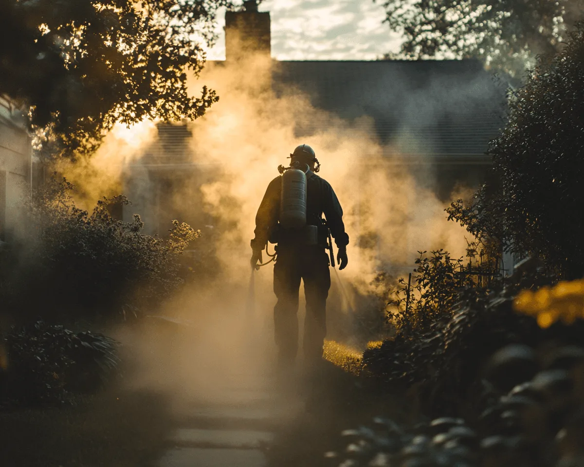 Technician in a respirator walking a garden path through fog at dusk