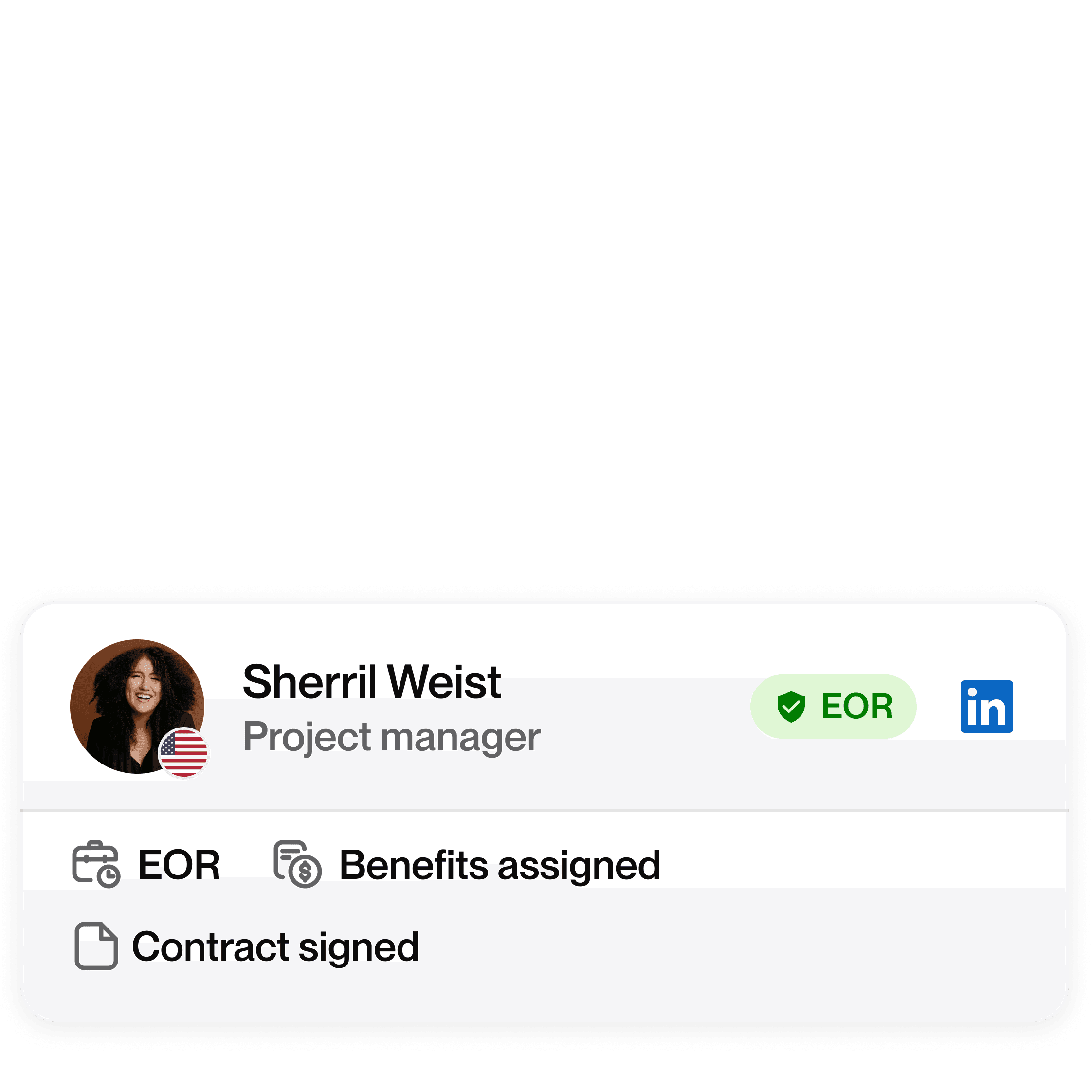 Talent profile card, linking LinkedIn profile, engagement type label EOR, and status of benefits.