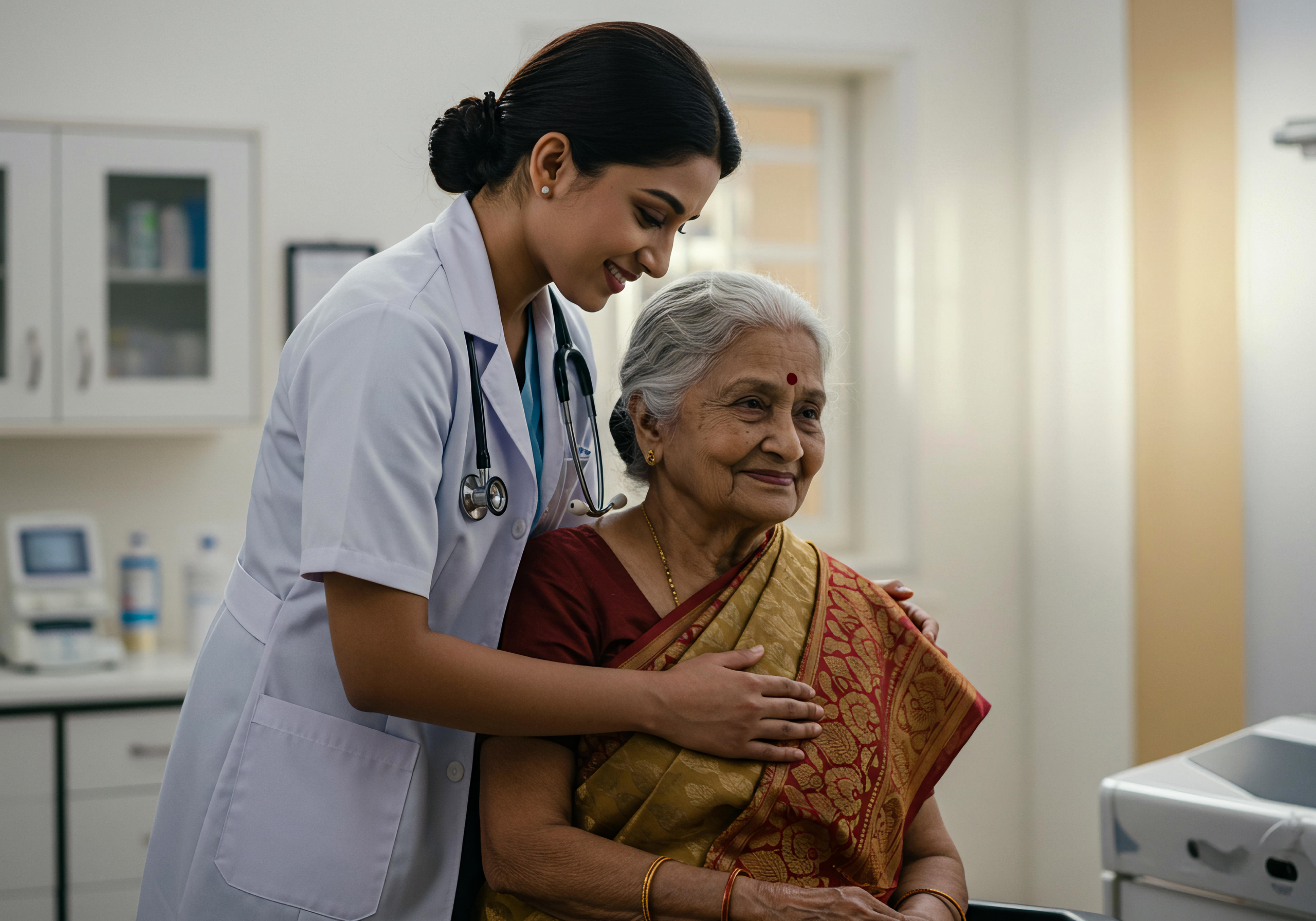 A female doctor comforting an elderly woman patient in a hospital or clinic setting - bachelor of science in nursing
