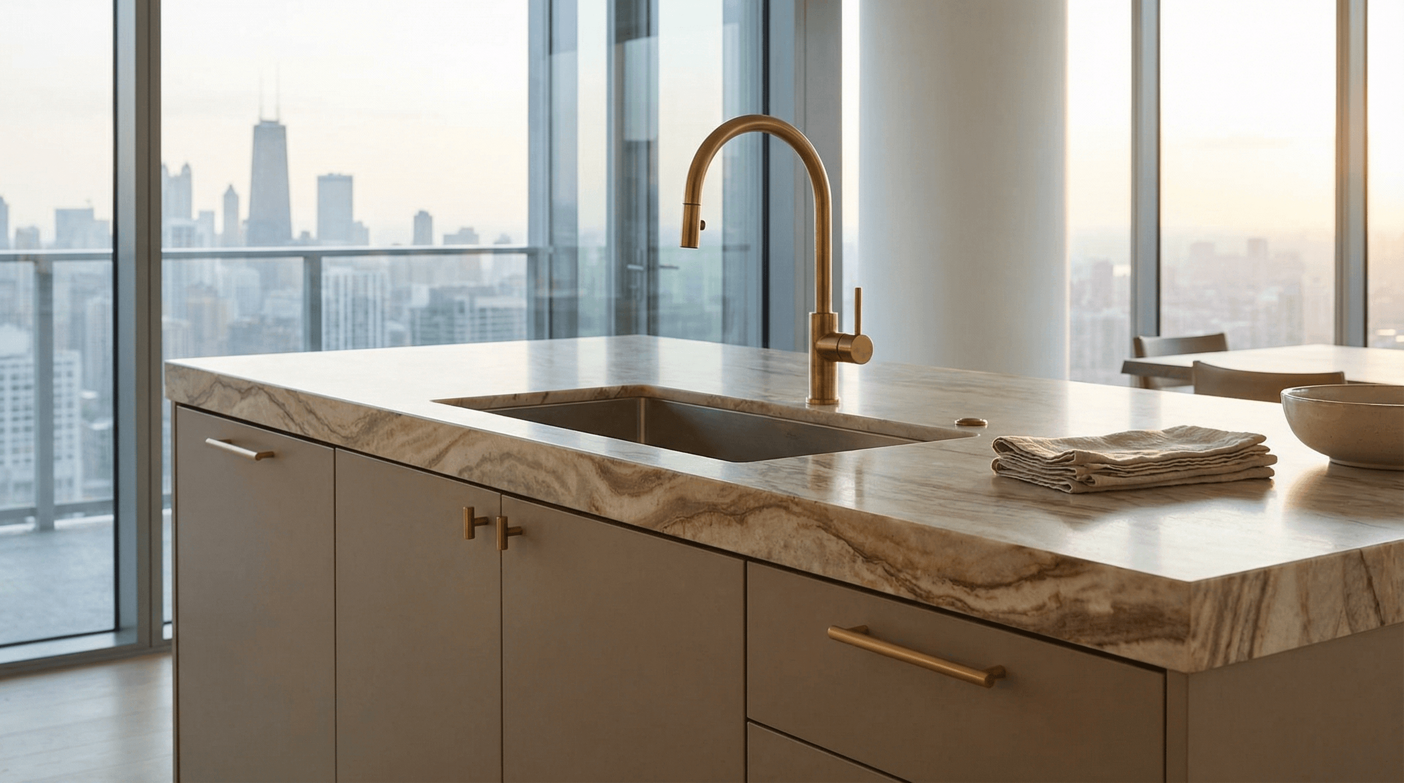 A sleek modern condo kitchen island featuring thick-edged Taj Mahal quartzite and unlacquered brass hardware — high-end materials for high-rise living.