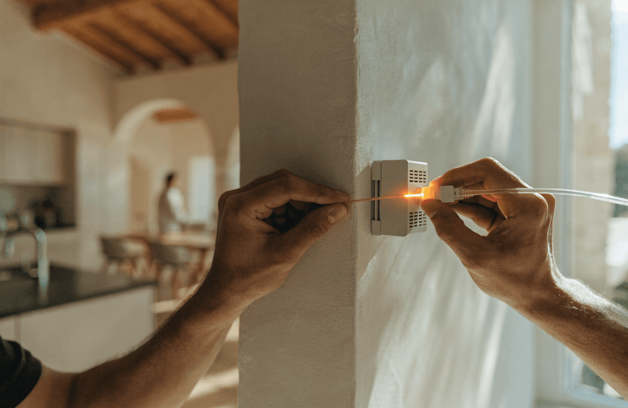 Técnico conectando un cable de fibra óptica en la roseta de una vivienda