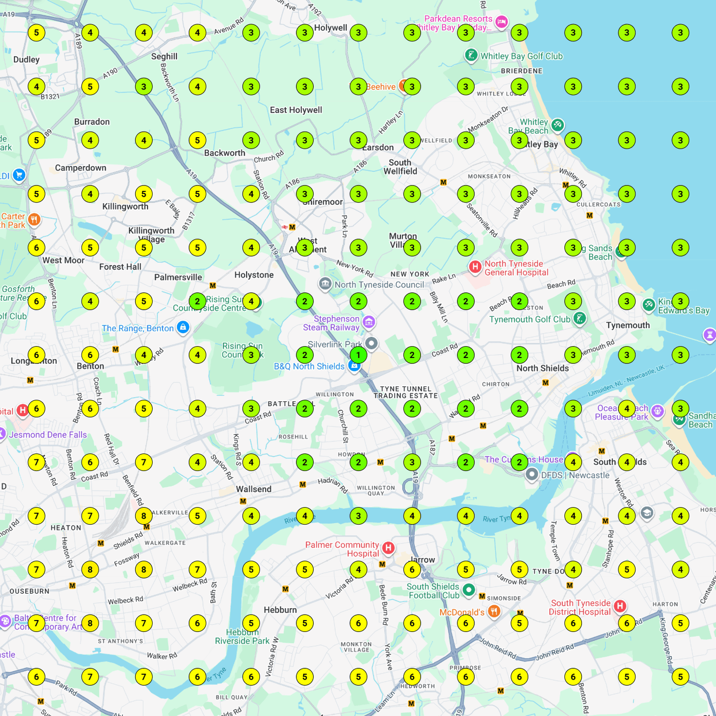 Map scan on 10 April 2026 for party bus hire in Newcastle, with Autograph Limousines in the top 3 across 44.97% of the map