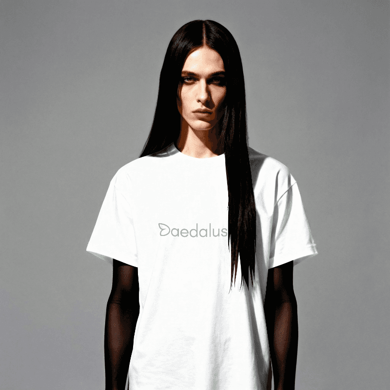 Frau mit schwarzen Haaren trägt weißes Tshirt mit salbeigruenem Logo drauf