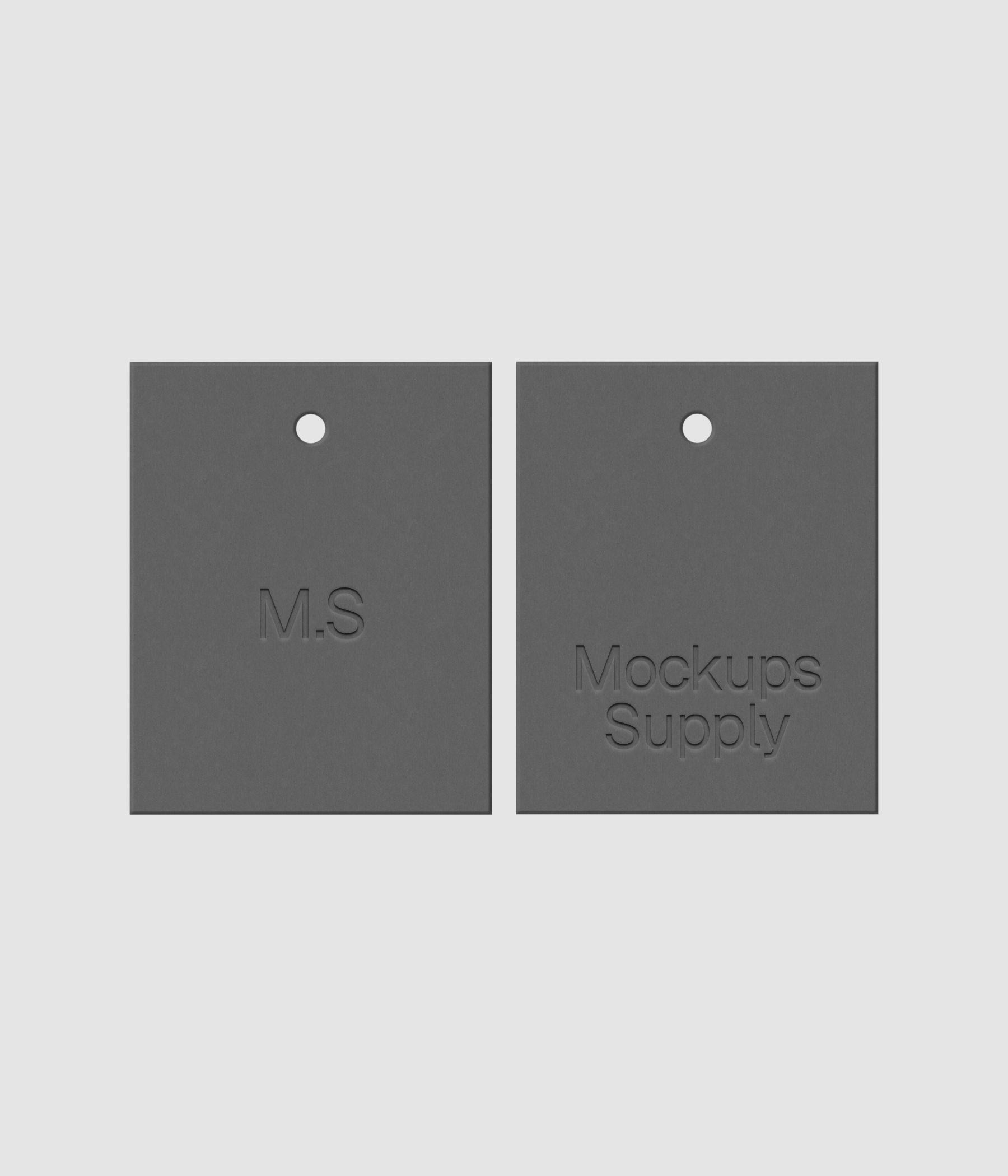 Two gray 4x5 hang tags mockup on white background with realistic debossed logo effect for Photoshop download psd
