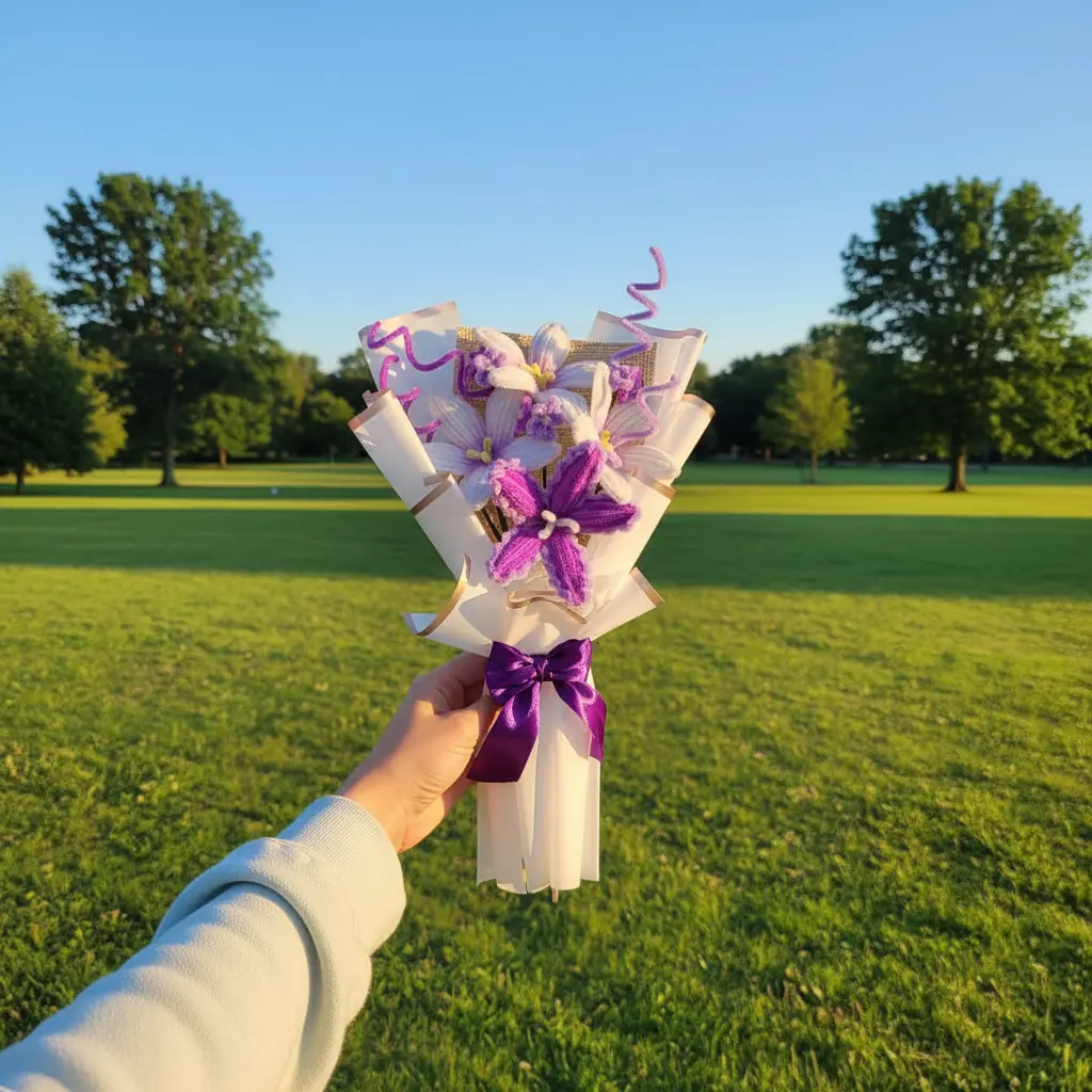 ramo lila sostenido con un paisaje de fondo