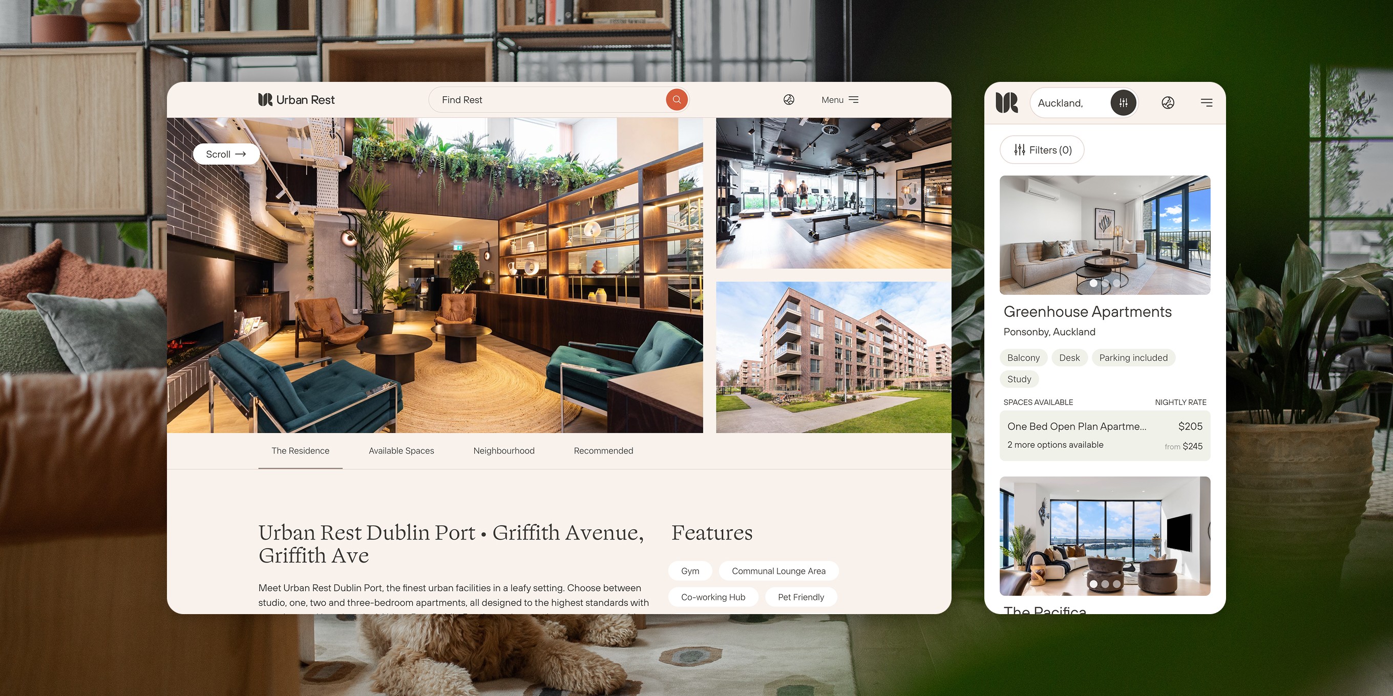 Left: Desktop screenshot of website building page. Right: Mobile screenshot of search results page