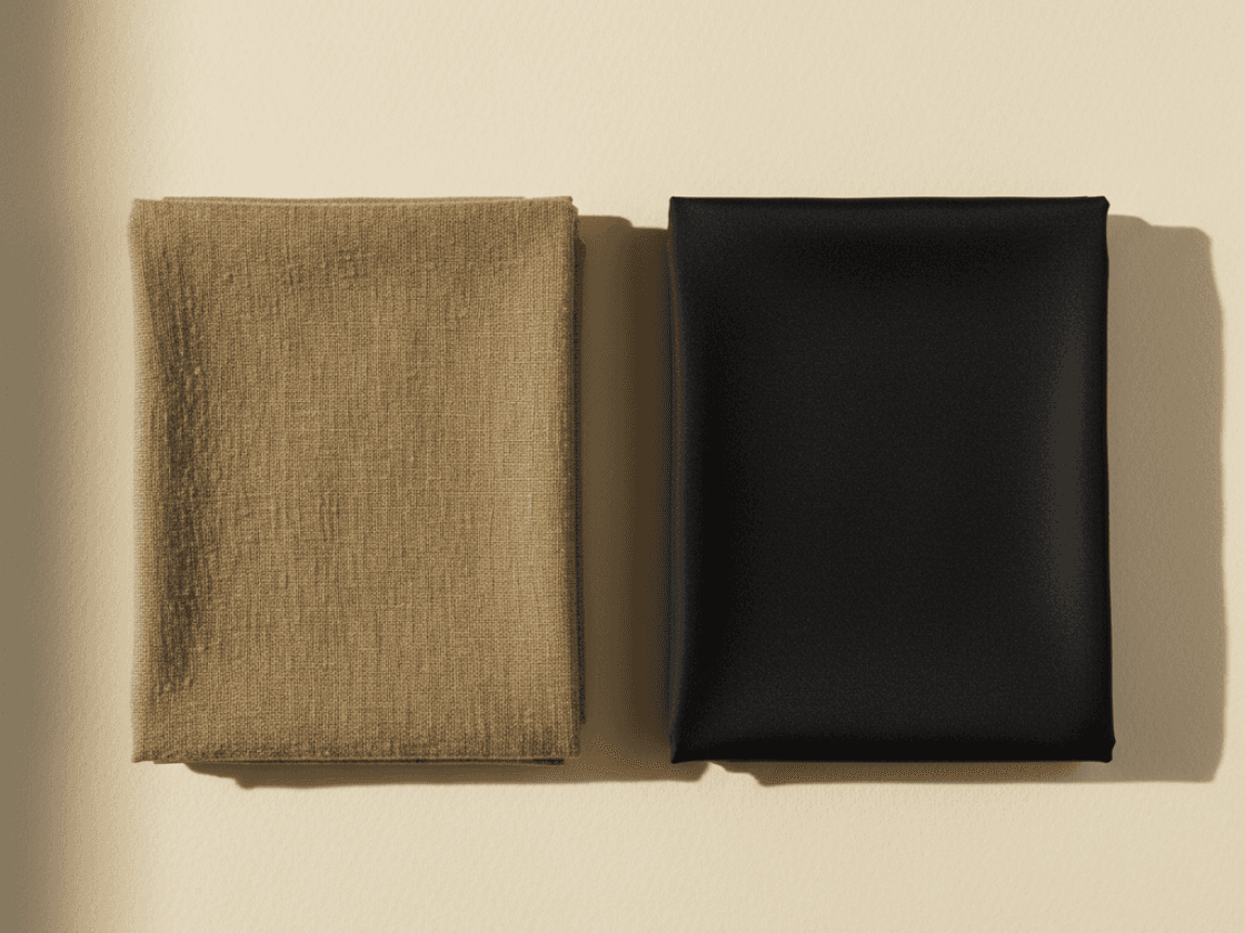 Two folded fabric swatches side by side comparing a textured bamboo-blend weave to a smoother finish
