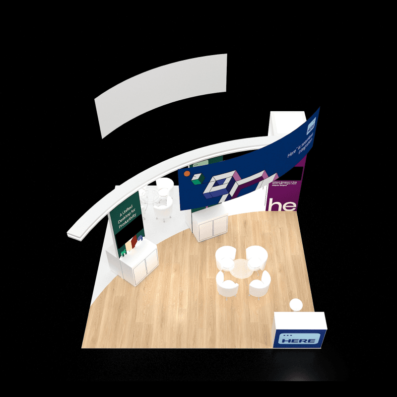 20x20 island booth design with product demo area, reception, and lead capture