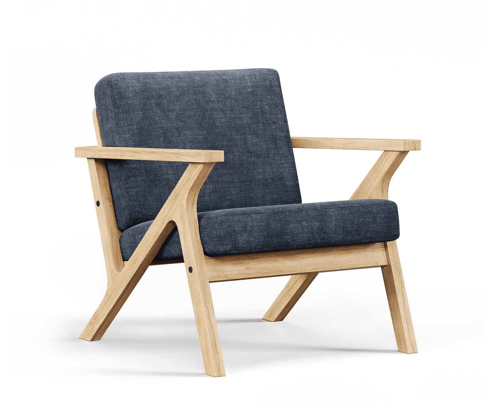 Solid wood armchair with blue fabric upholstery, front angled 3D render