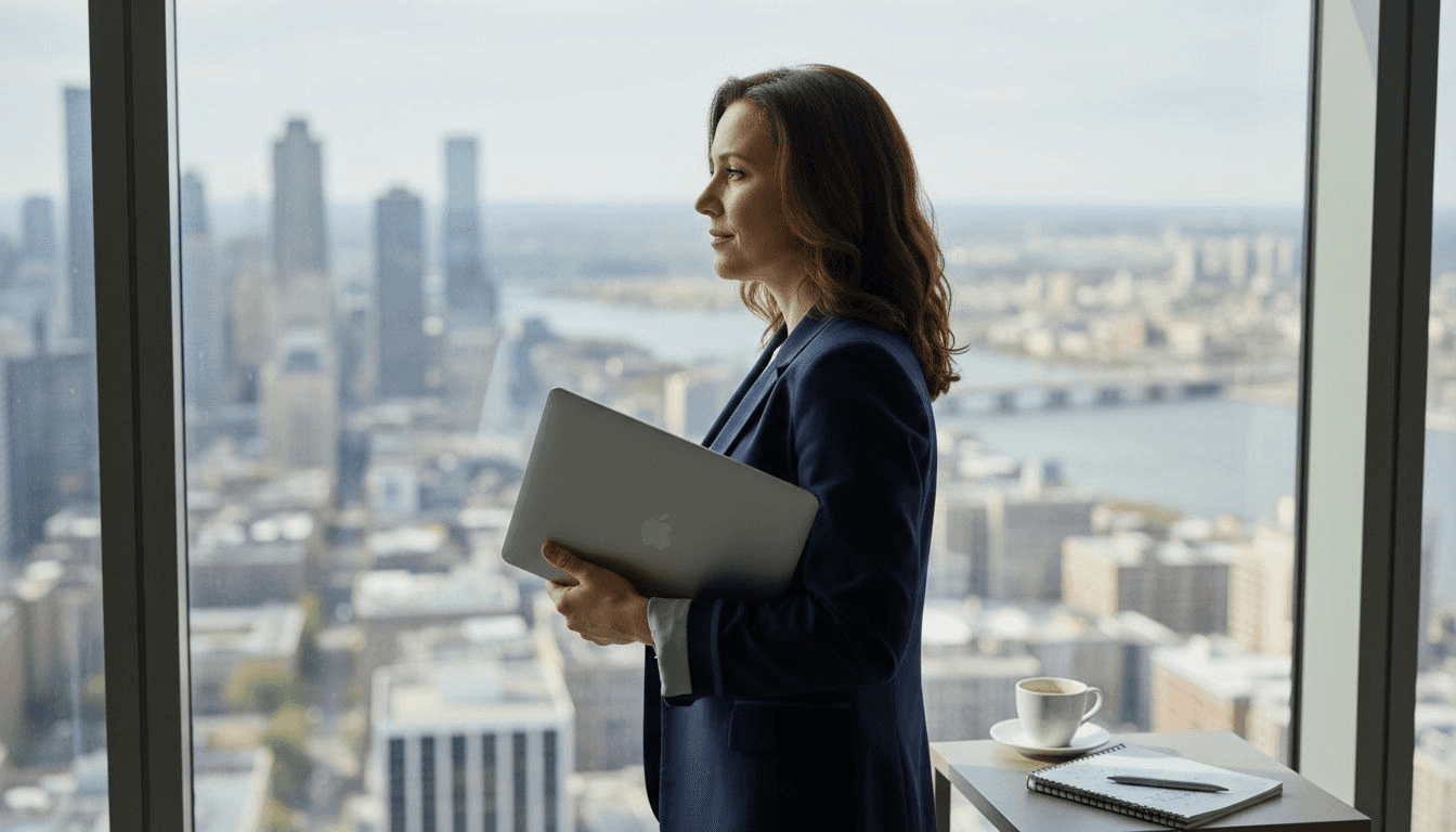 Trader reflecting by window overlooking city