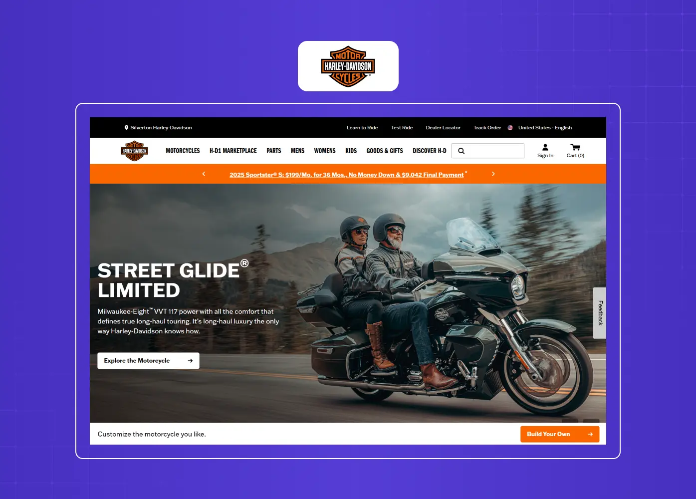 Product-focused homepage showcasing a featured motorcycle with prominent imagery and purchase actions. 