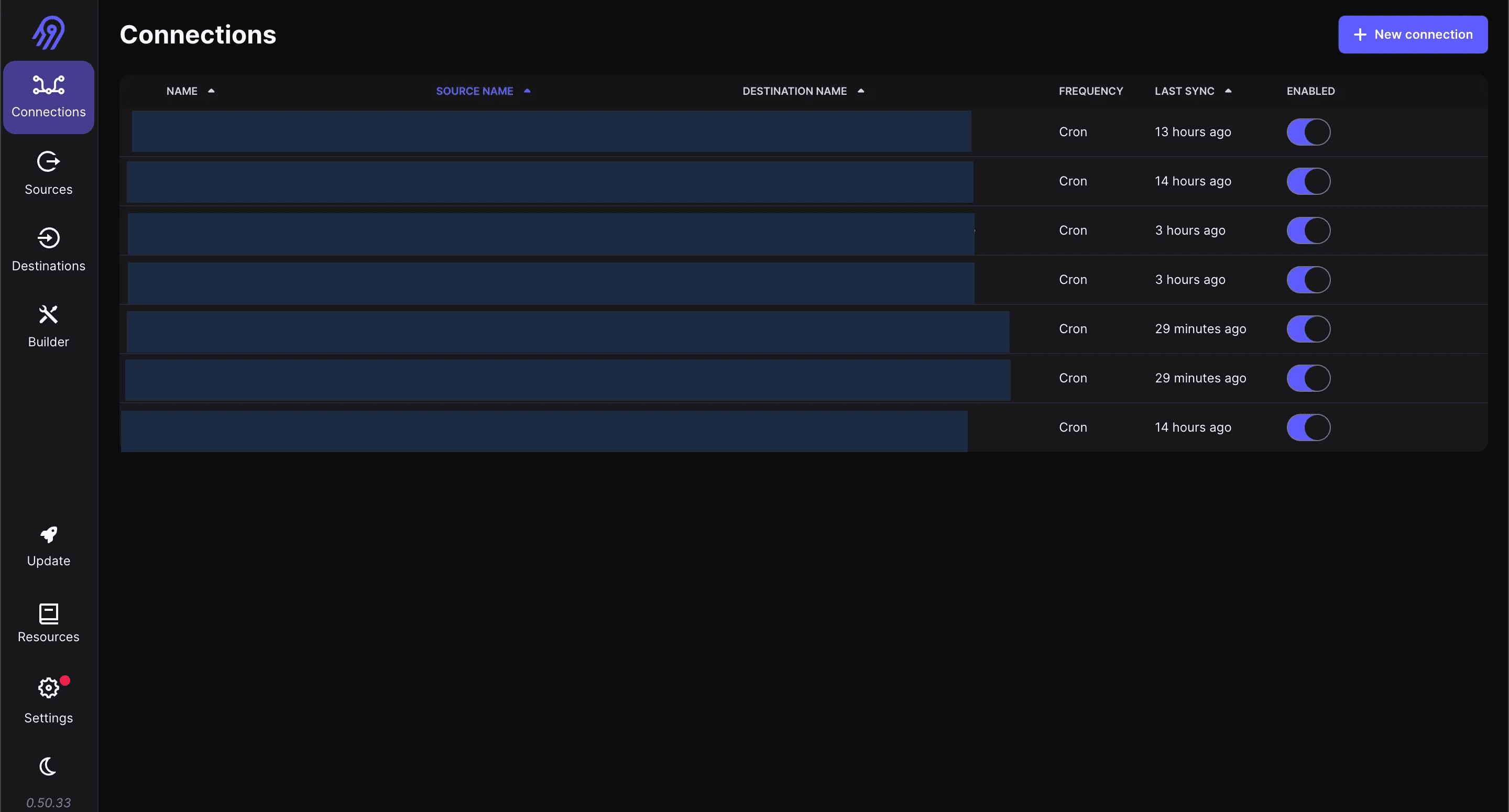 Airbyte dashboard showing multiple connections (name, source, destination, sync info) with toggles, a left navigation menu, and a ‘New Connection’ button.