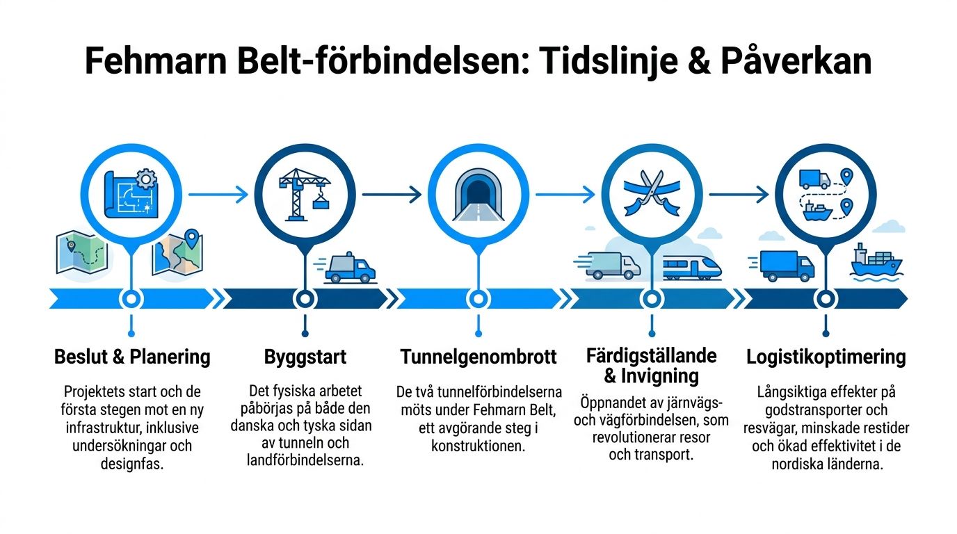 Tidslinje över Fehmarn Bält-förbindelsens projektfaser från planering och byggstart till färdigställande, invigning och framtida logistikoptimering.
