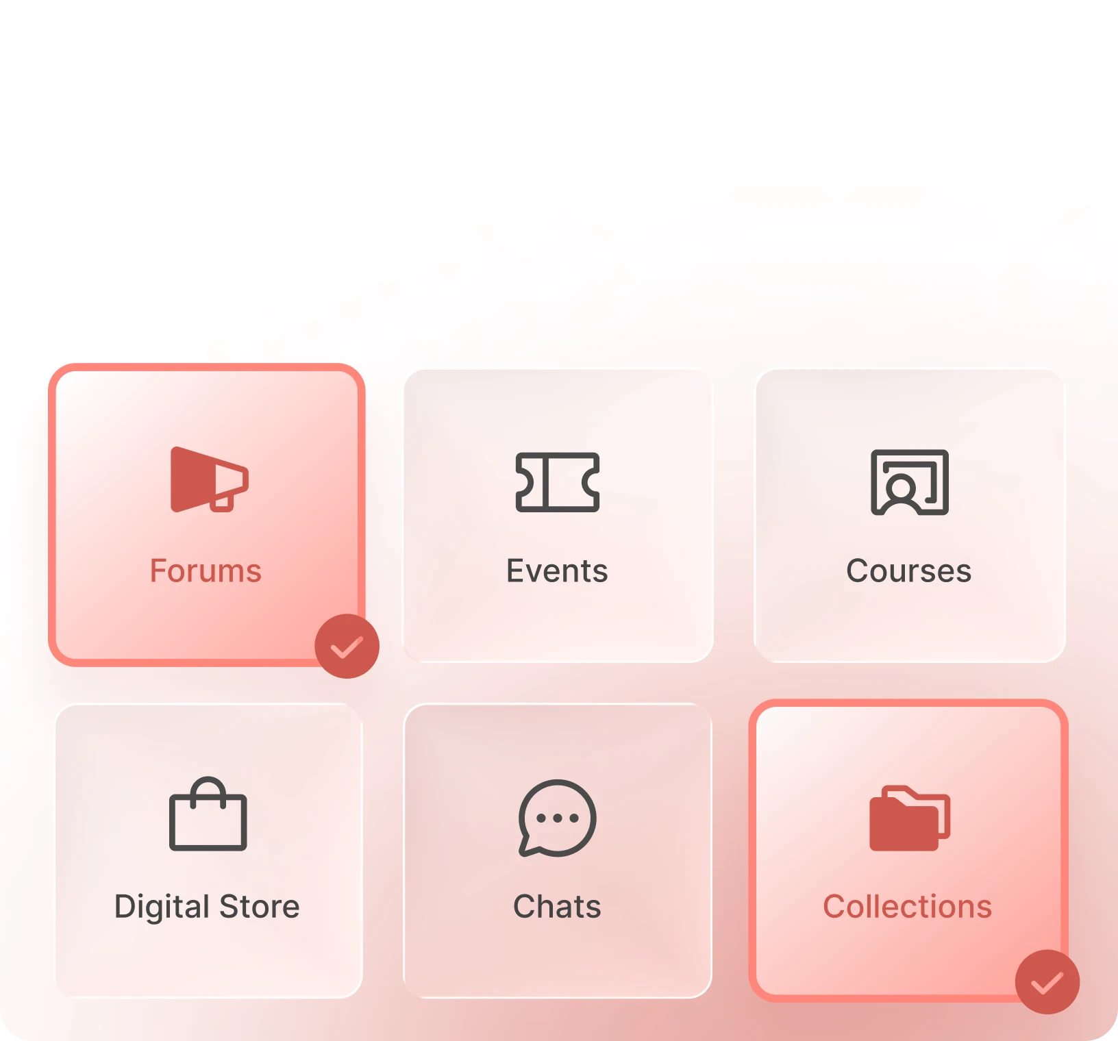 Modular community platform features showing selectable tools like forums, events, courses, chats, digital store, and collections to customize your community setup.