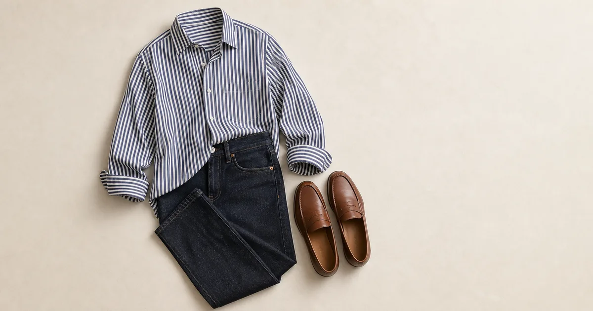striped shirt + dark jeans + brown loafers arranged on a warm ivory background