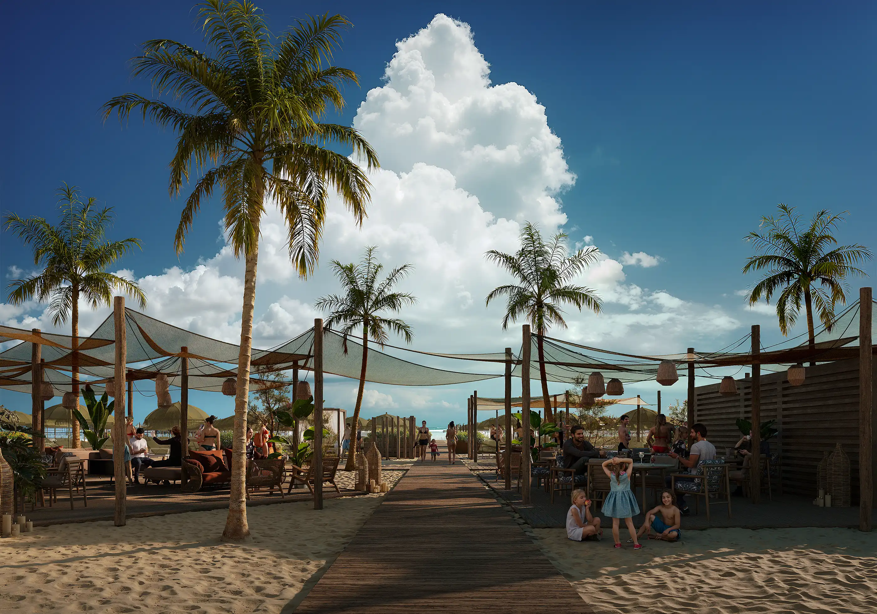 Long wooden promenade on the beach with shaded lounge areas under net canopies, palm trees, and seating. Tropical beach club resort 3D rendering.