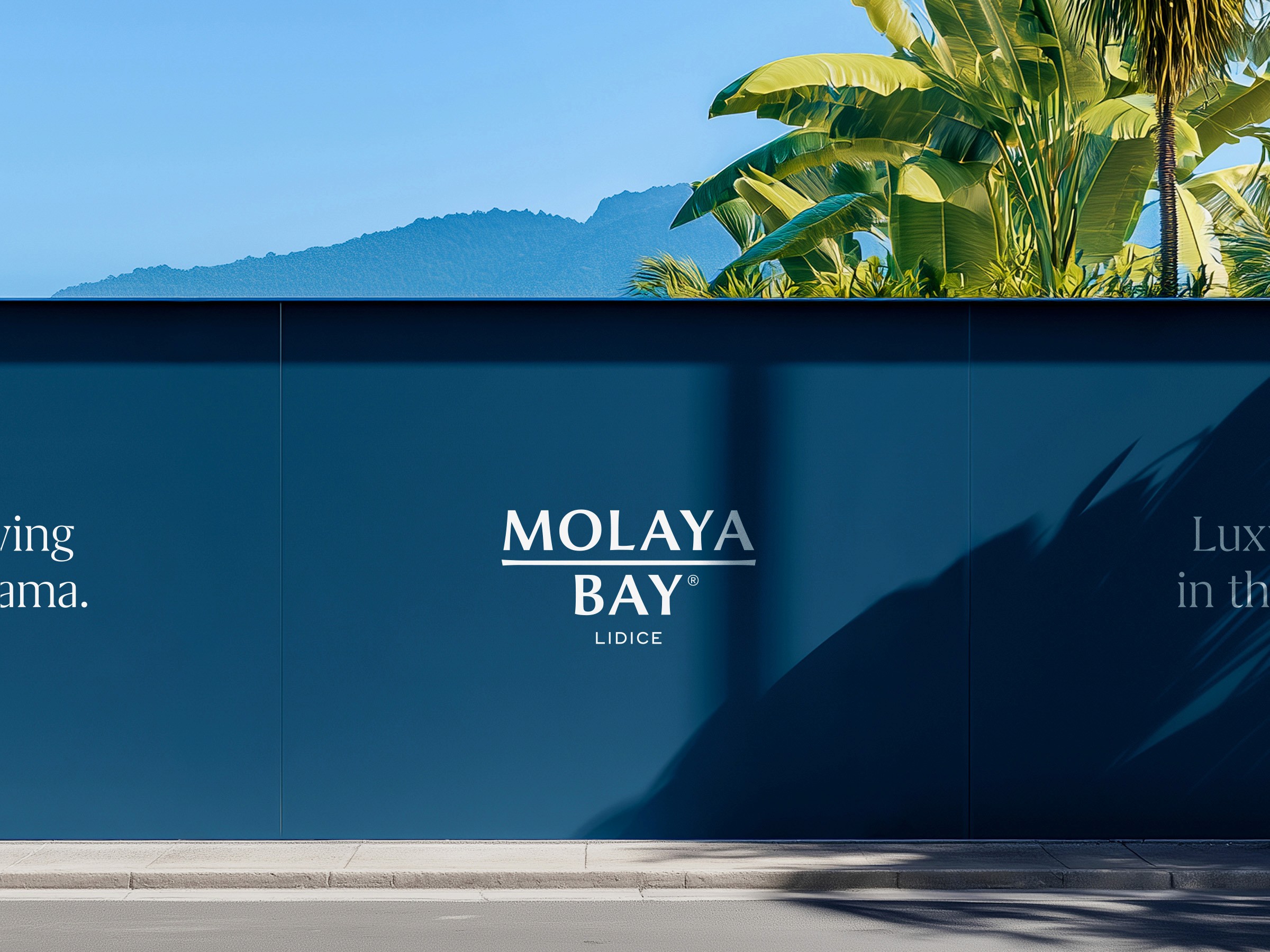 Molaya Bay Lidice logo displayed on construction fencing with tropical plants and mountains in the background.